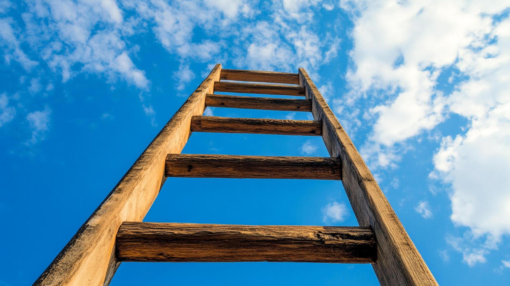 Low angle shot of an aged wooden ladder stretching upwards against a backdrop of bright blue sky dotted with fluffy white clouds. photo