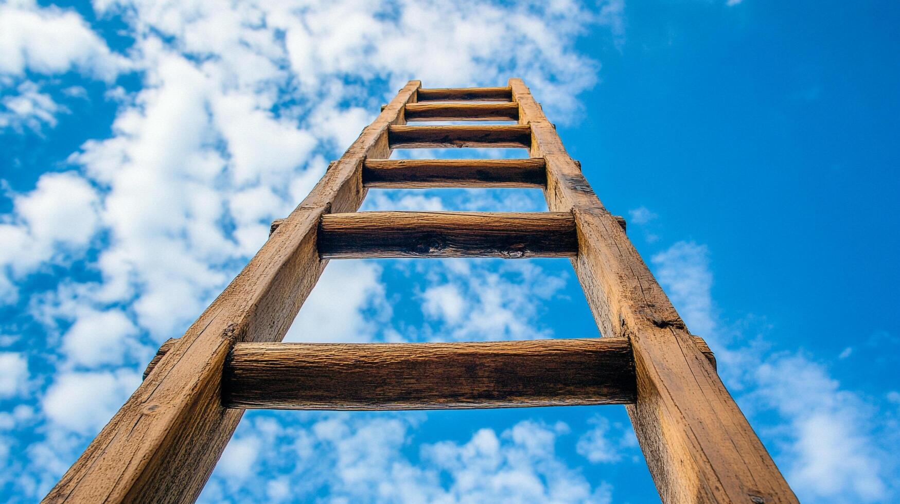Rustic wooden ladder pointing upwards to the blue sky with white clouds. Symbolizes growth, aspiration and achievement. photo
