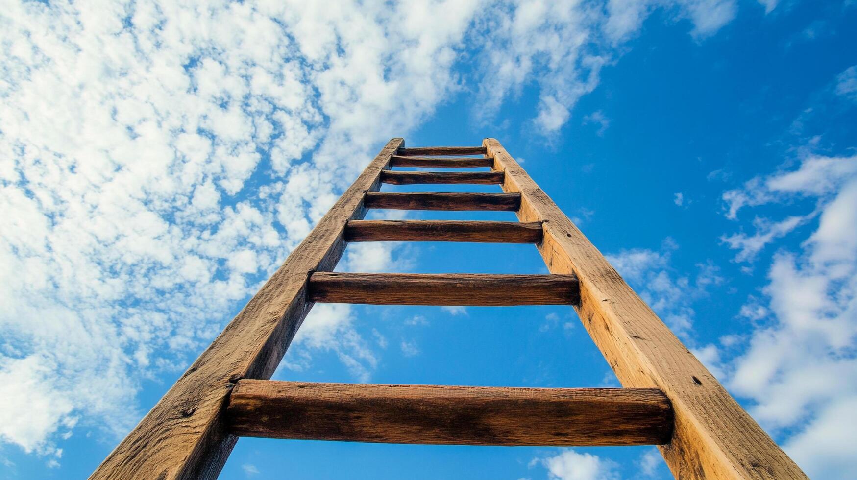 Wooden ladder extending toward a bright blue sky scattered with puffy white clouds, symbolizing ambition, aspiration, and reaching new heights. photo