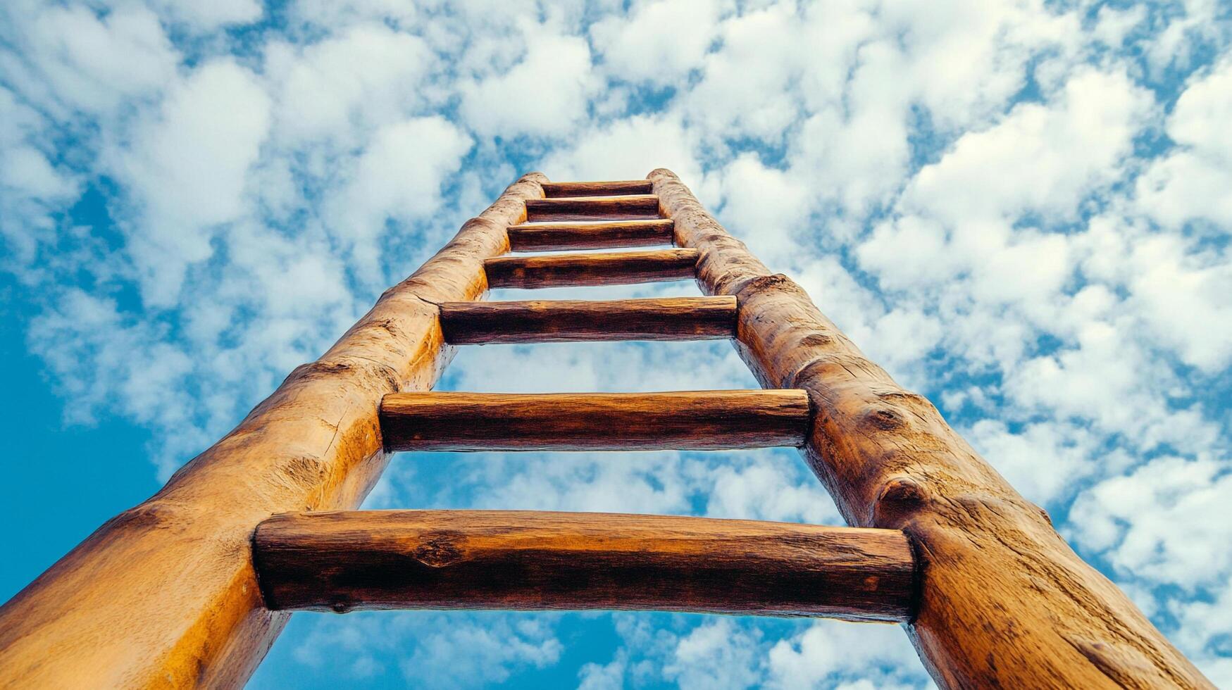 Wooden ladder stretches toward a blue sky filled with fluffy white clouds, symbolizing aspiration and reaching for new heights. photo