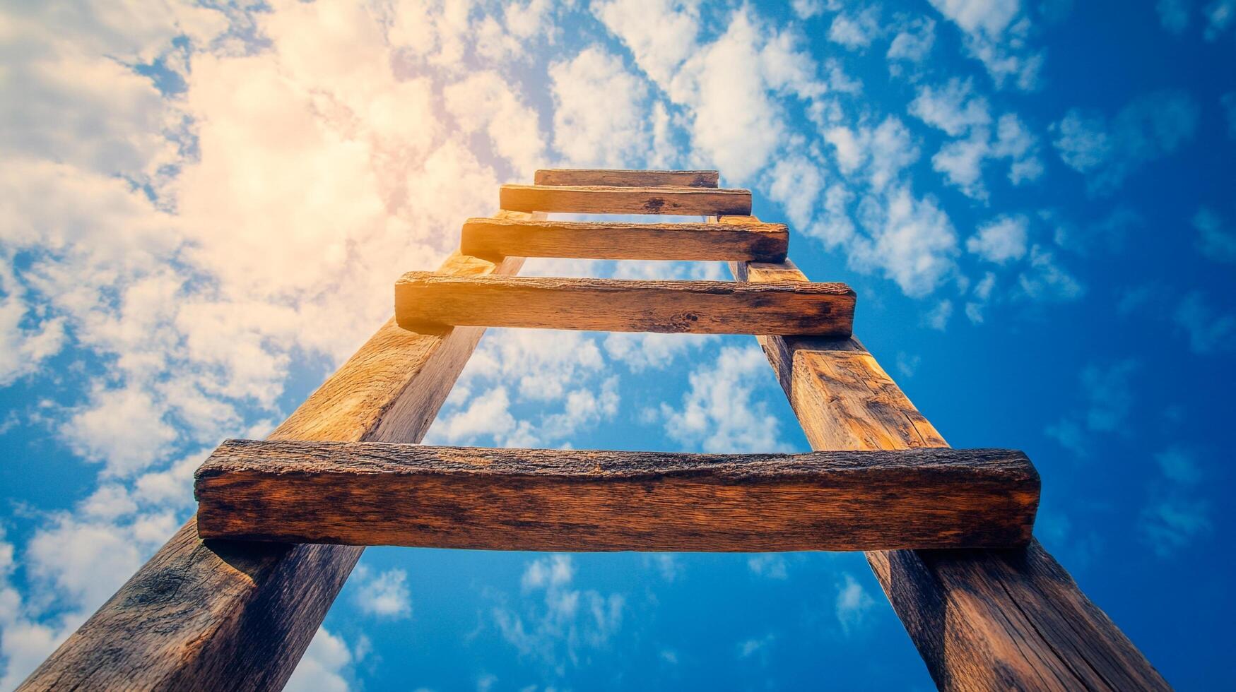 A wooden ladder reaches towards a blue sky filled with puffy white clouds, symbolizing growth and success. Dream big and climb higher. photo