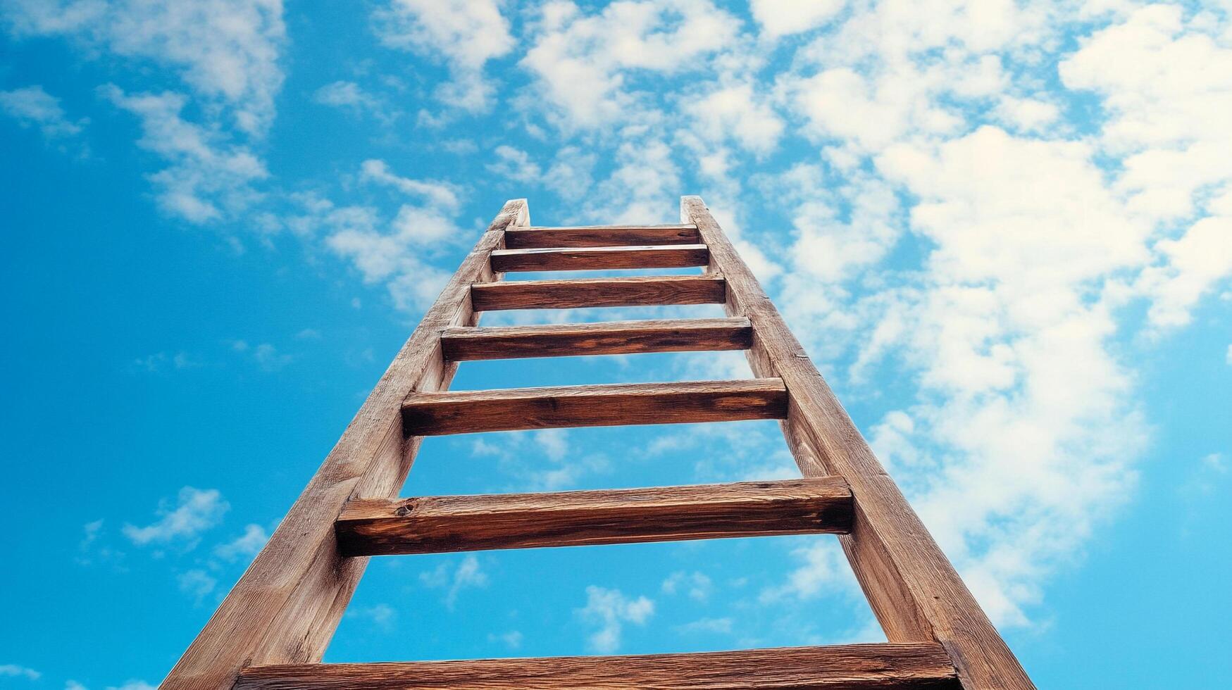 Wooden ladder reaching into a blue sky. Represents aspiration, growth, and a path toward goals, emphasizing upward mobility and success. photo