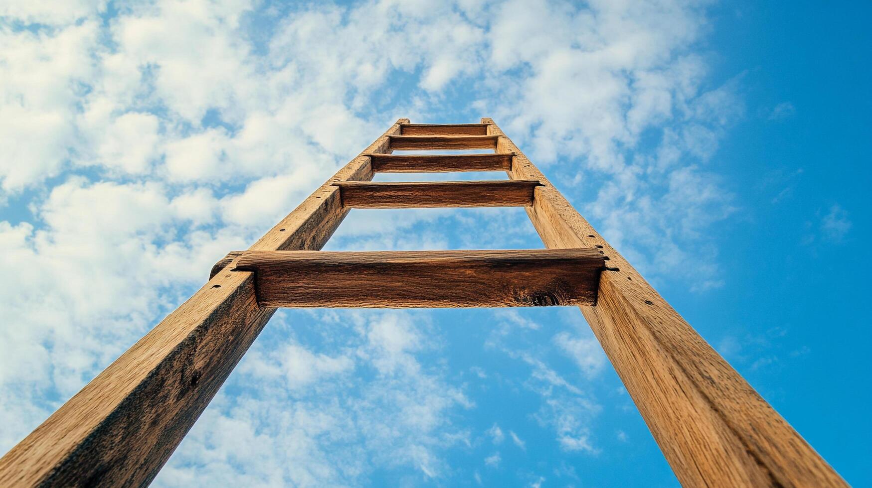 Wooden ladder stretching upwards toward a partly cloudy, bright blue sky. Climbing the ladder, conceptual photo on growth and motivation.