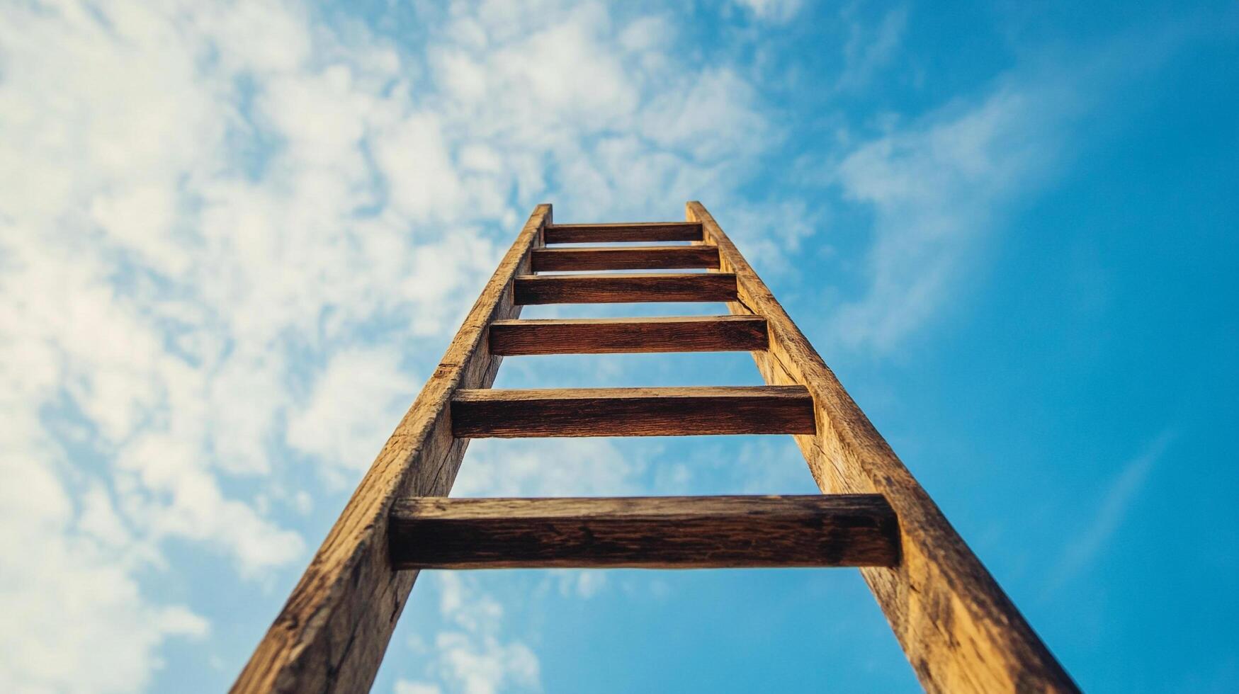 Ladder ascending towards a partly cloudy sky, symbolizing aspiration, achievement, or progression under an open, expansive sky. photo