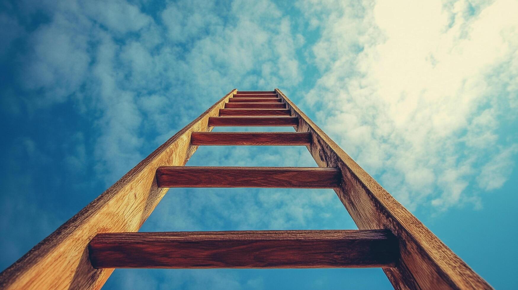 A wooden ladder stretches upward toward a vibrant blue sky dotted with fluffy white clouds, symbolizing aspiration and reaching for goals. photo