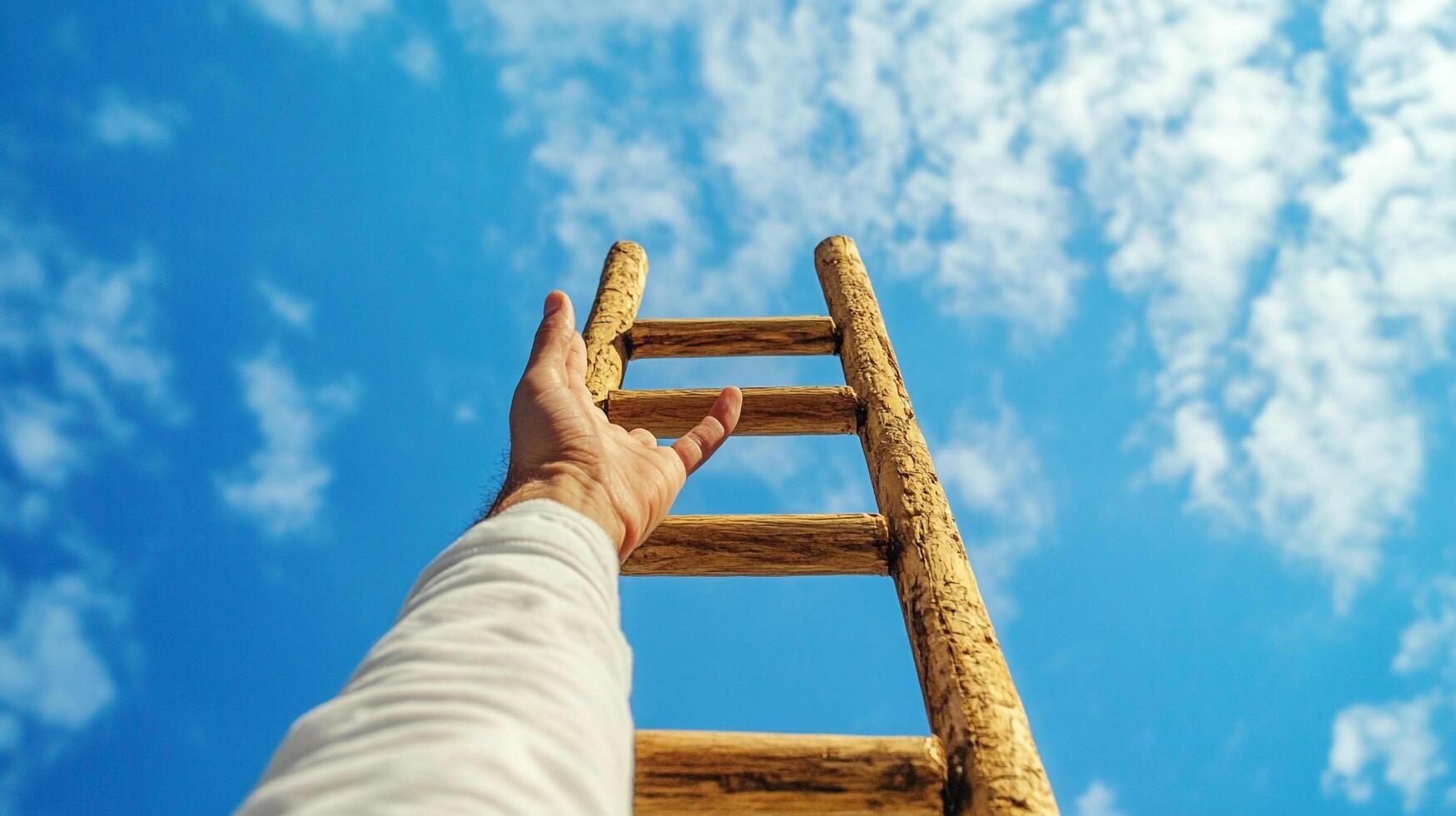 Low angle shot of a hand reaching up a rustic, weathered wooden ladder set against a bright blue sky with scattered clouds. photo