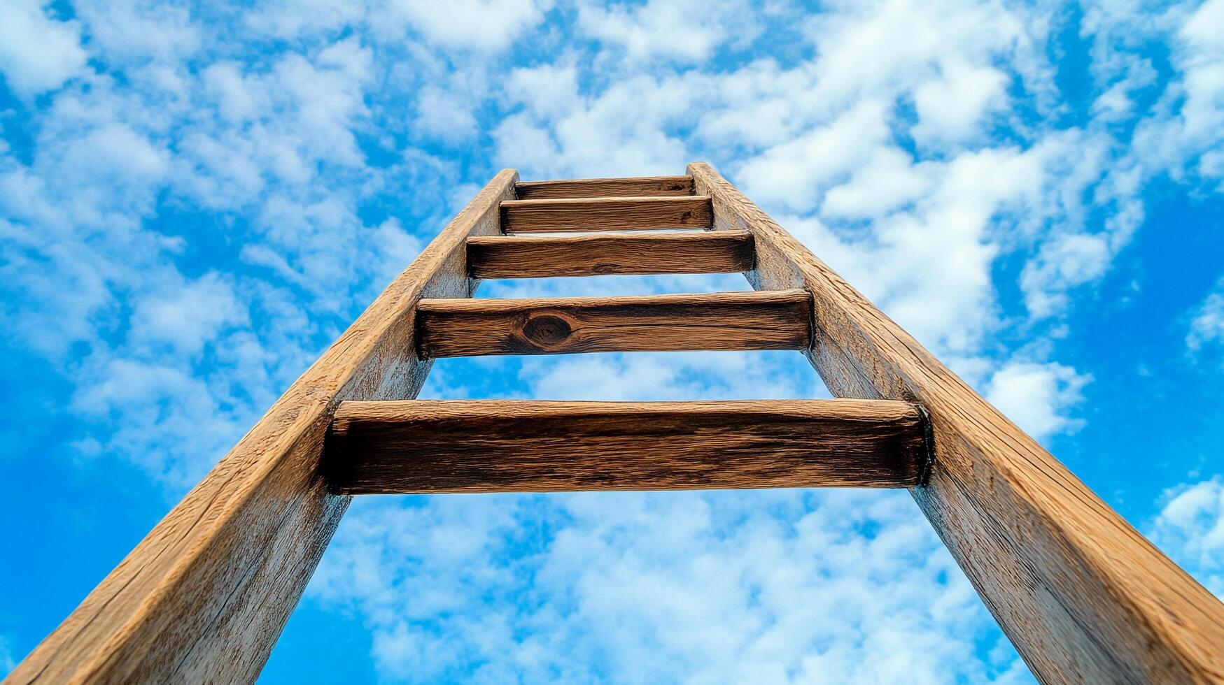 Wooden ladder reaching towards a bright, cloud-filled sky. Symbolizing aspiration, progress, and the pursuit of goals. Hope and elevation. photo