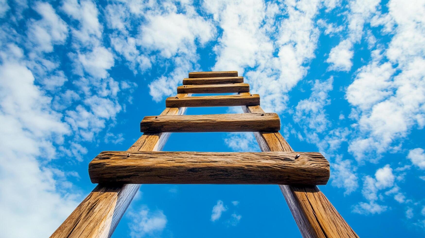 Wooden ladder reaching towards a bright blue sky filled with fluffy white clouds, symbolizing ambition and success. Goal achievement concept. photo