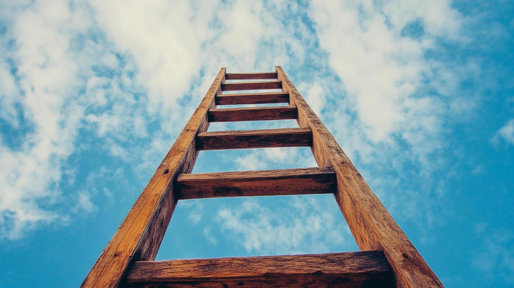 Looking up at a wooden ladder reaching towards a partly cloudy, bright blue sky. Shot from a low angle, emphasizing height and ascent. photo