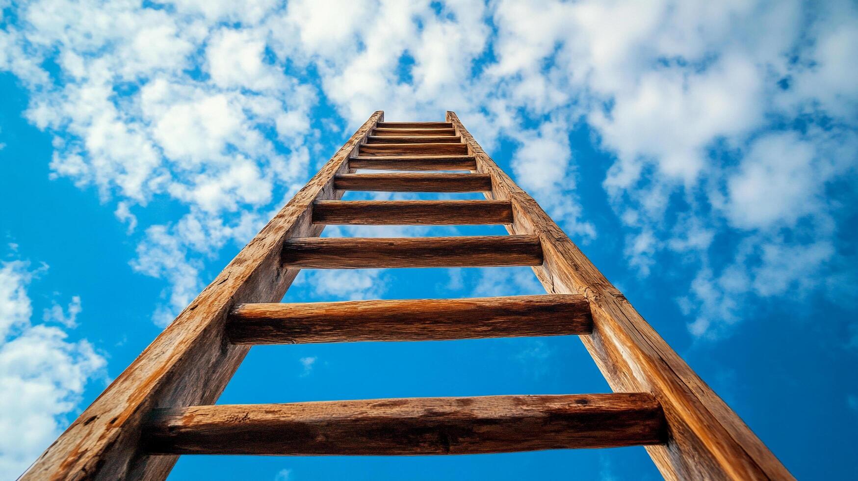 Wooden ladder stretching upwards to a clear blue sky with fluffy white clouds, symbolizing aspiration, growth, and opportunity. photo