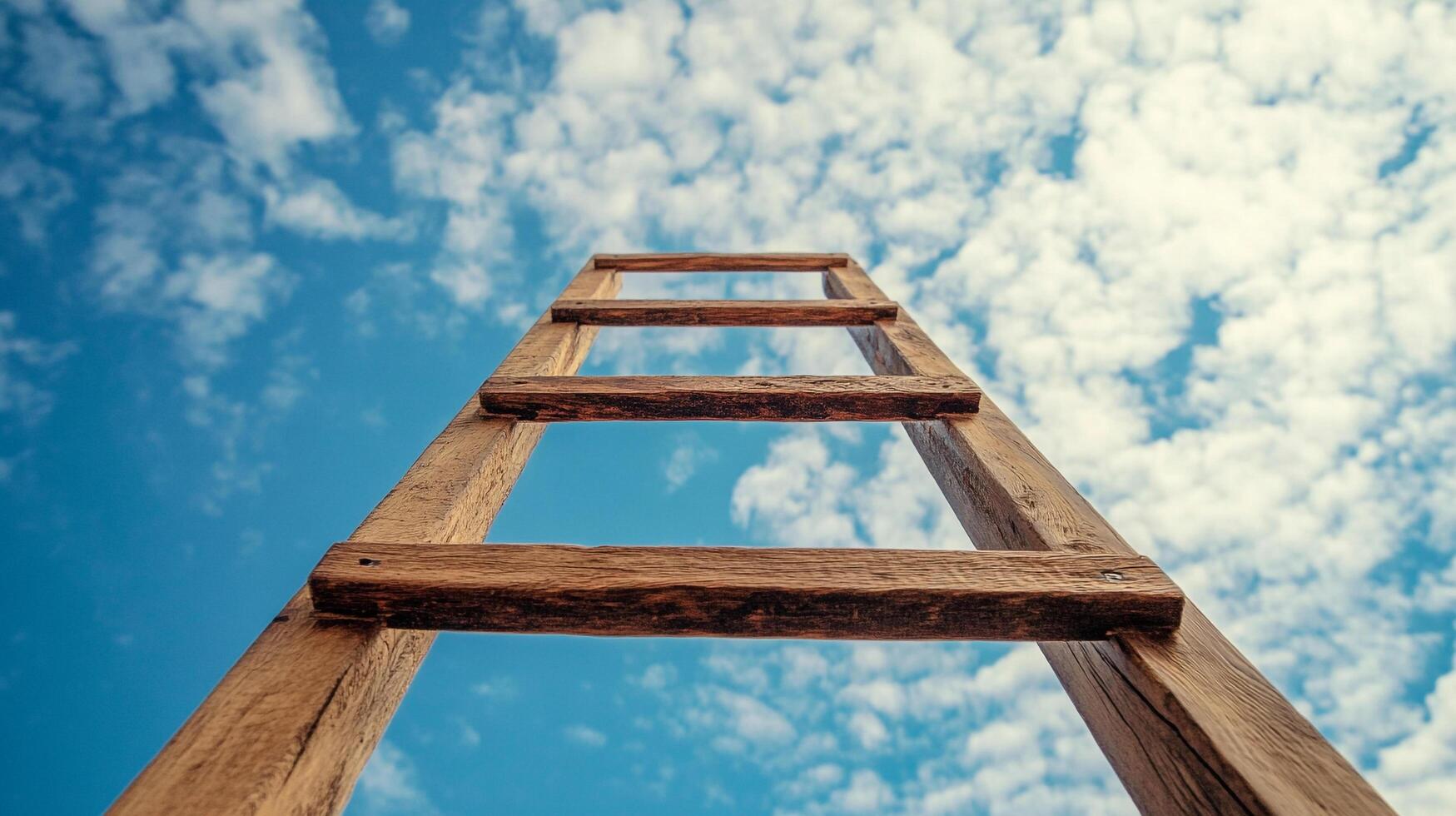 Wooden ladder reaching into a bright blue sky with scattered clouds, suggesting ambition and reaching higher. photo