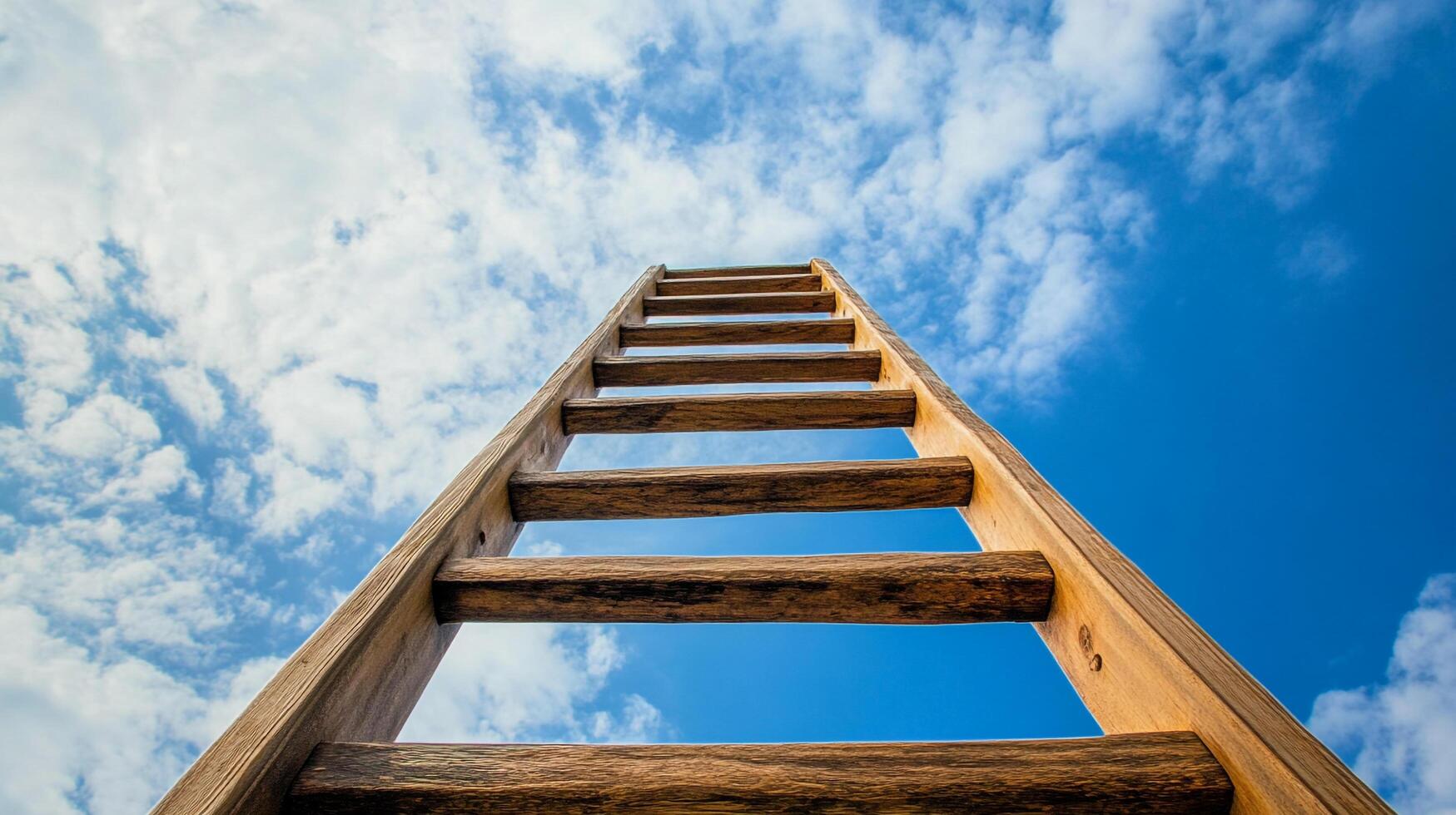 A weathered wooden ladder stretches upwards against a vibrant blue sky dotted with fluffy white clouds, symbolizing ambition and reaching new heights. photo