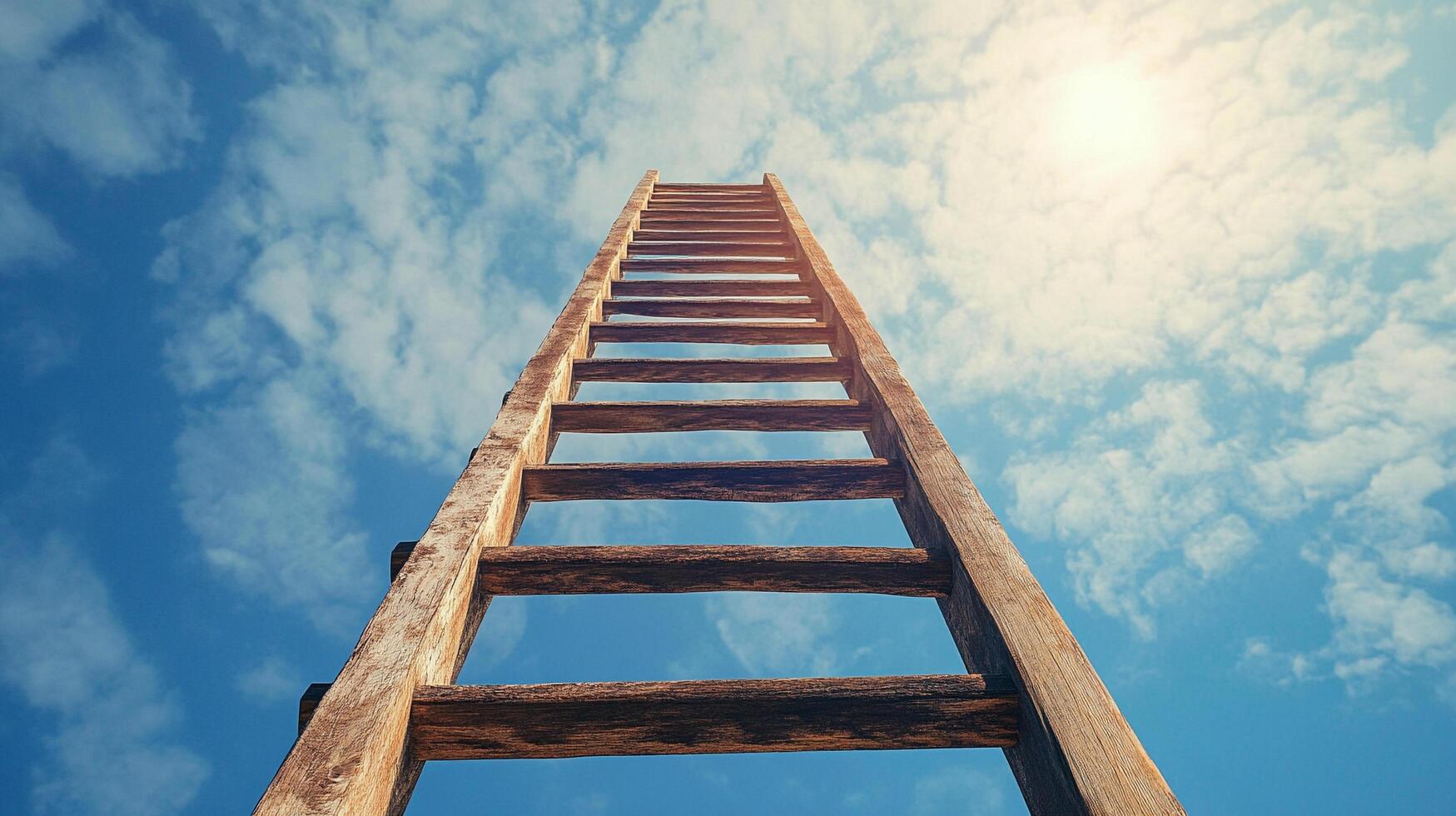 A wooden ladder stretches upwards against a bright blue sky filled with fluffy white clouds, leading toward the sun, success, and achievement. photo