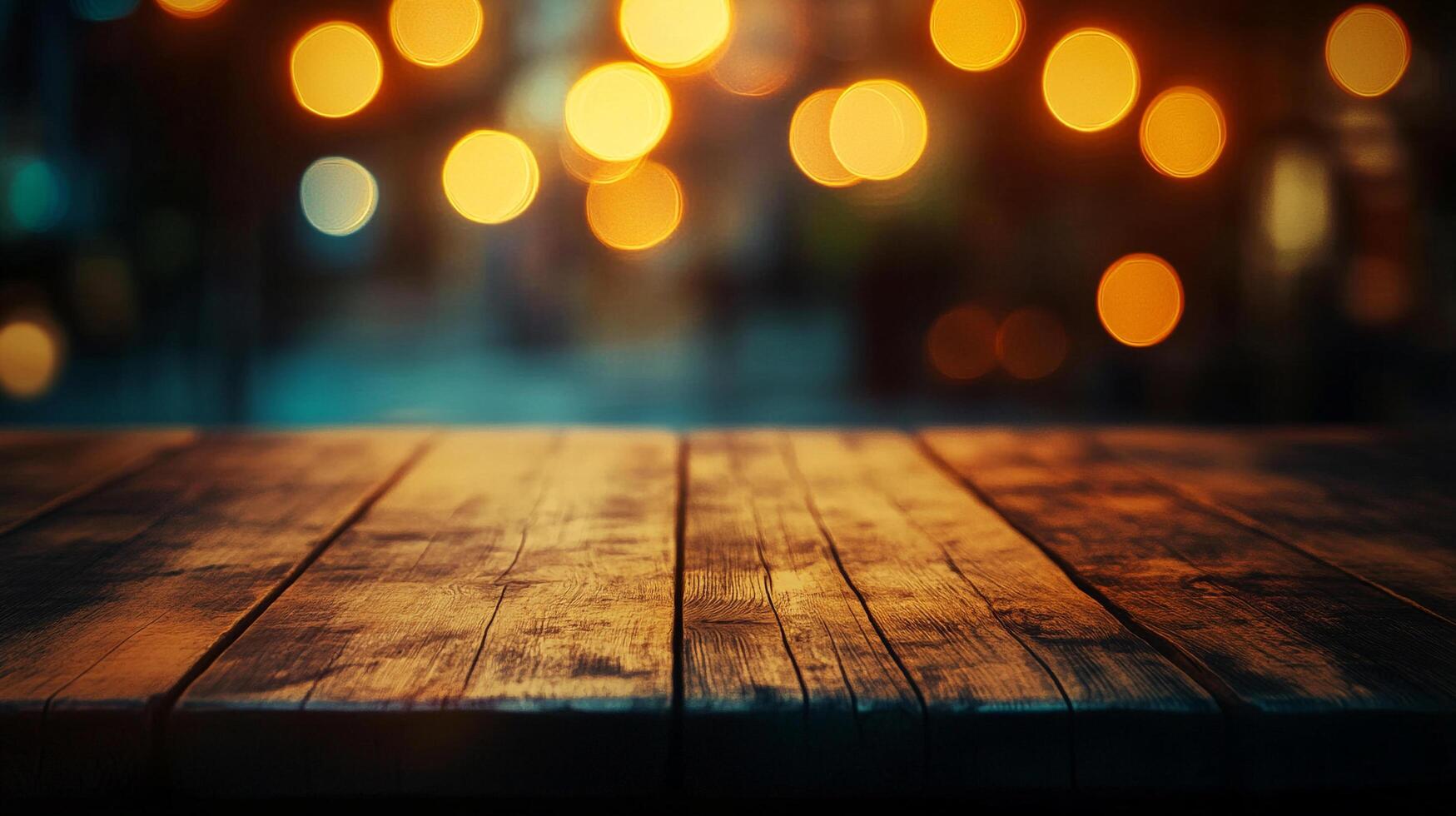 Rustic wooden surface bathed in warm light, perfect for showcasing products with a touch of cozy, nostalgic charm. Bokeh background. photo