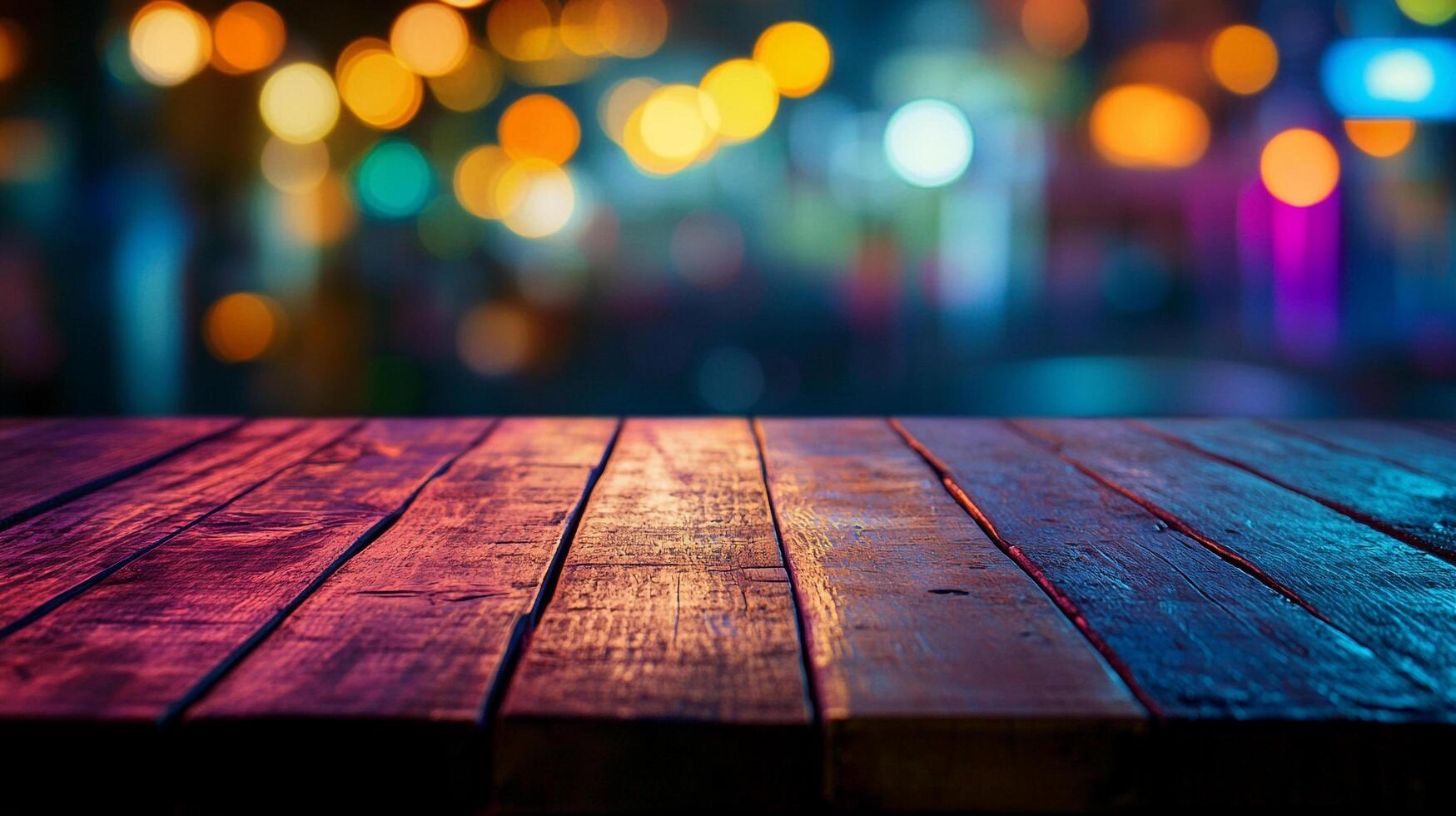 Wooden planks glow beneath a vibrant bokeh background, capturing a lively and festive atmosphere in an urban setting. photo