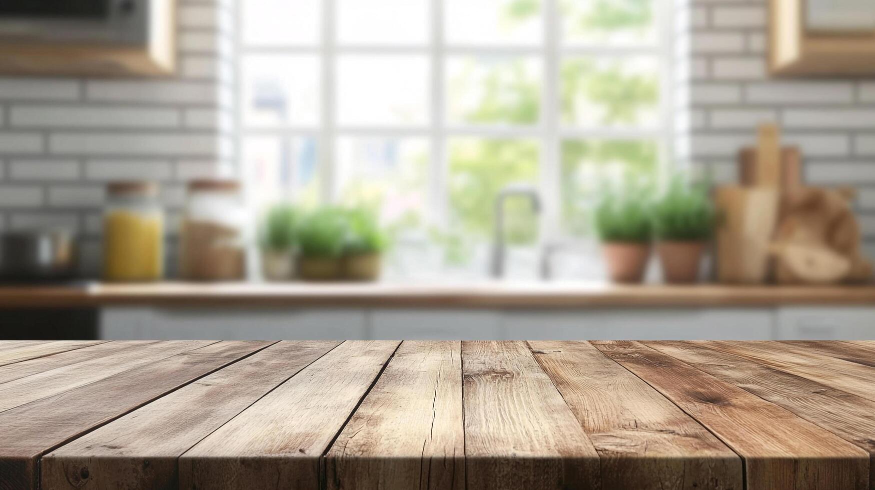 Rustic wooden tabletop against a blurred, sunlit kitchen scene featuring green plants, jars, and a large window with natural light. photo