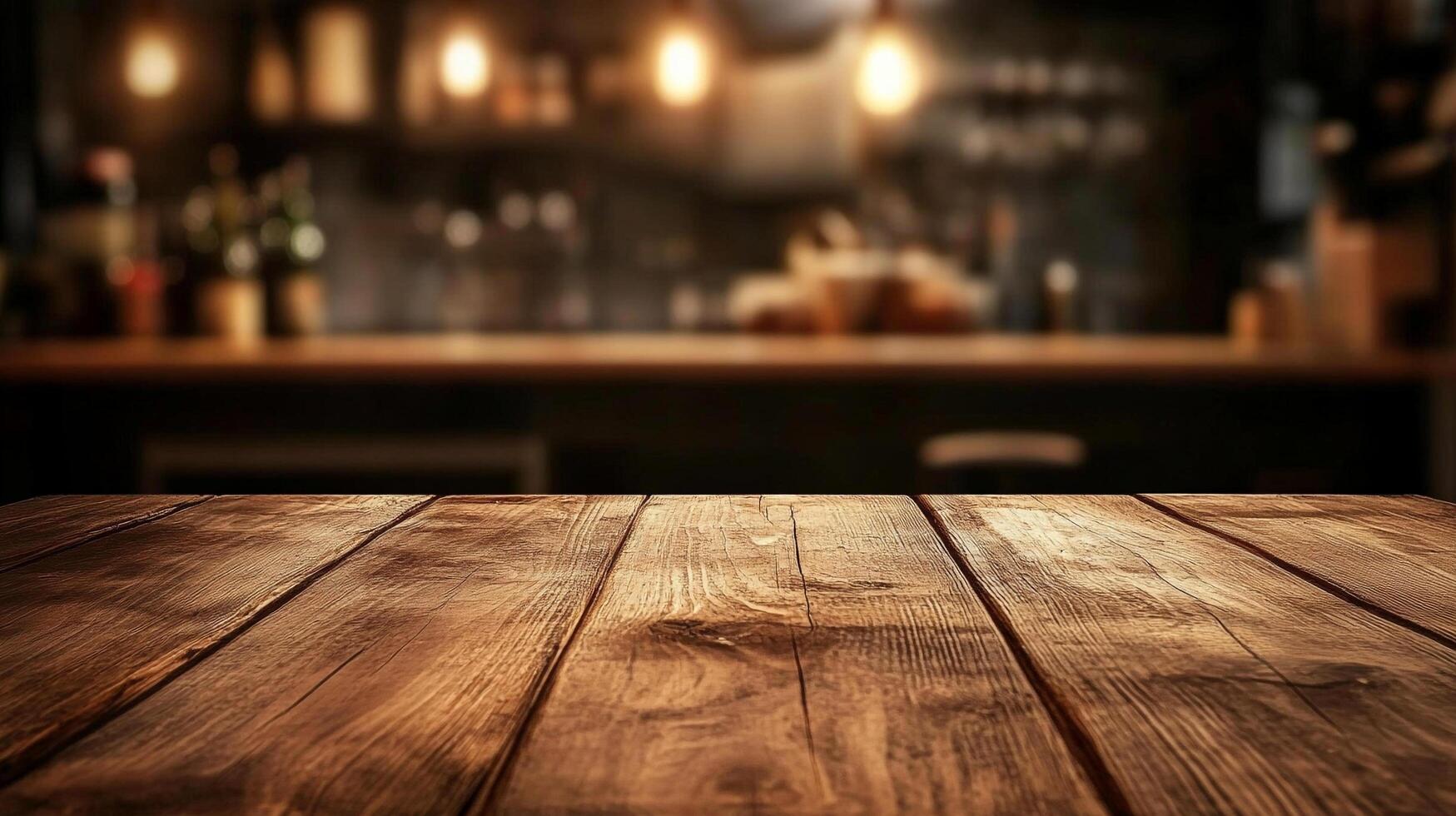 Rustic wooden table against blurred bar background with warm lighting, creating a cozy and inviting atmosphere. photo
