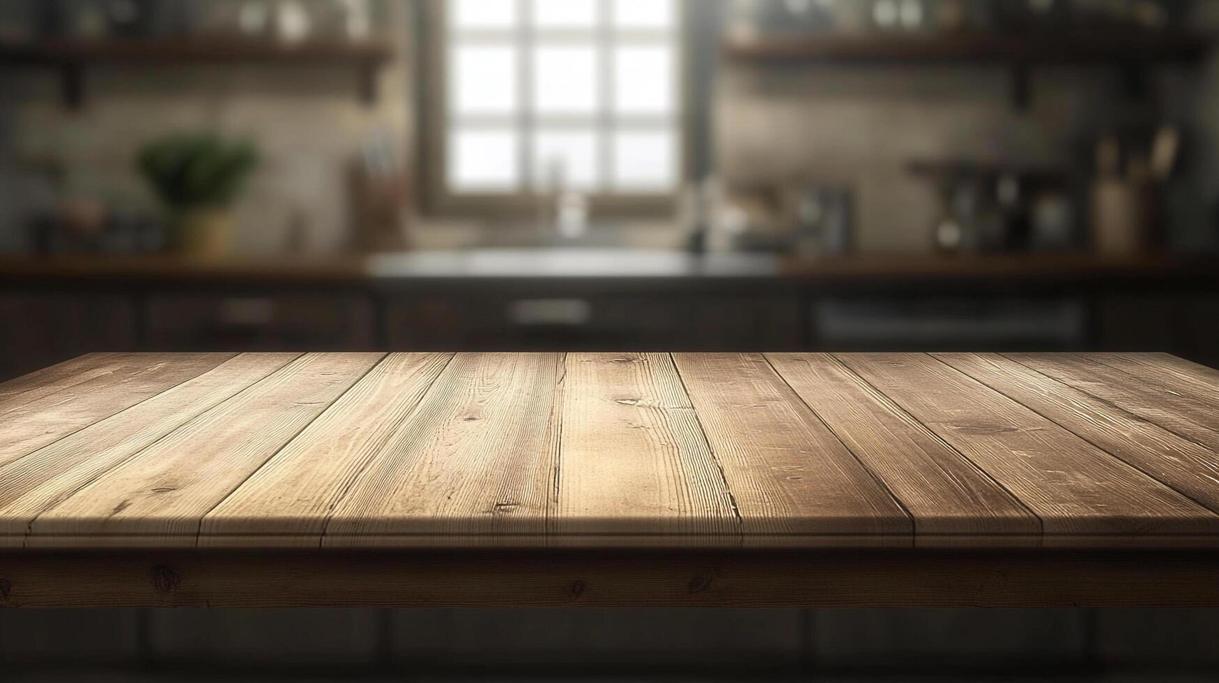 A rustic wooden table stands prominently in the foreground, set against a cozy, softly blurred kitchen backdrop. photo