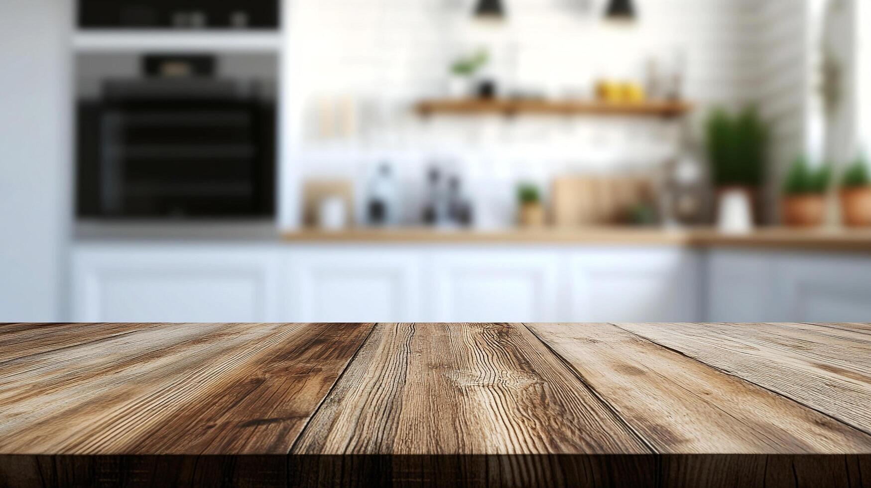 Rustic wooden table in a bright kitchen with white cabinets and an oven, ready to display food or products for presentation. photo