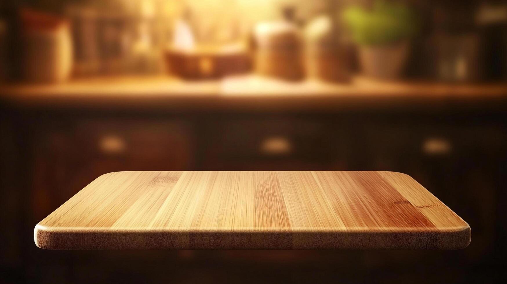A wooden countertop, bathed in the warm glow of ambient lighting, creates an inviting space, perfect for showcasing culinary creations photo