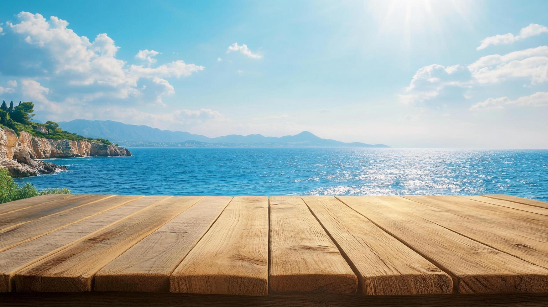 Wooden table overlooking a beautiful blue ocean view with a coastal landscape, clear sky, and bright sunshine. Ideal background and relaxation. photo