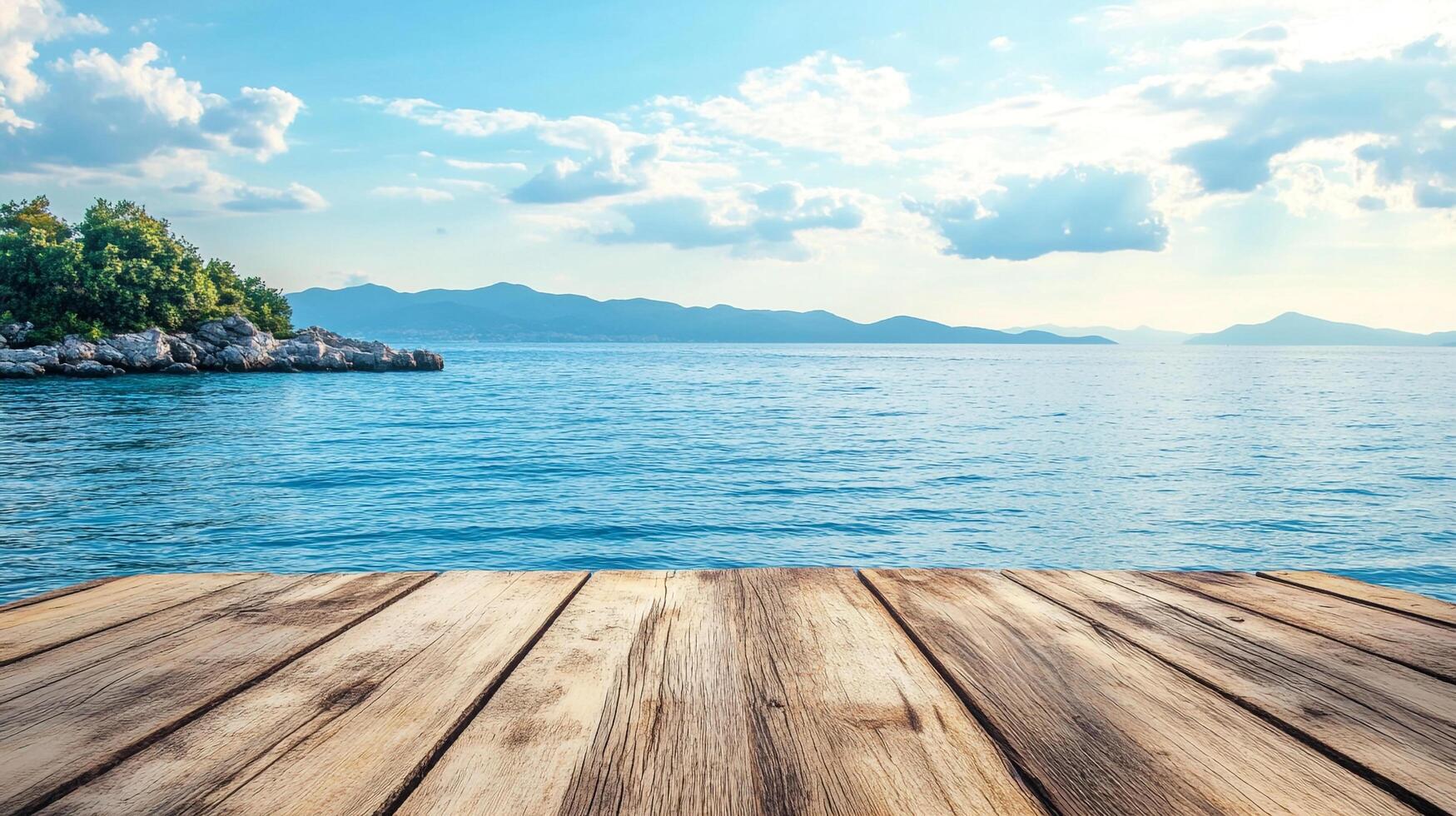 Wooden planks invite you to a serene coastal view, where clear waters meet distant mountains under a sky painted with soft clouds. photo