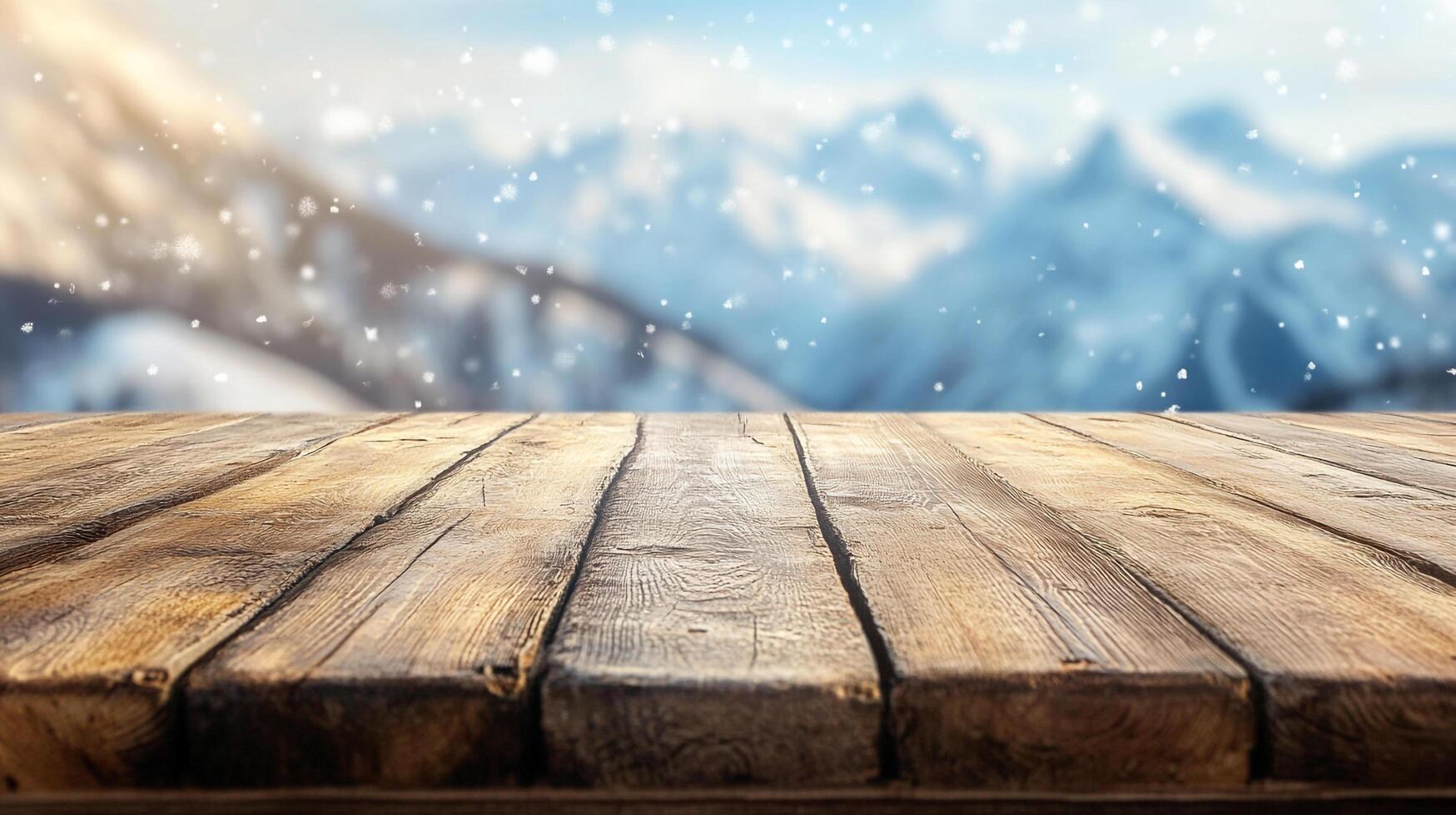 Winter scene featuring a rustic wooden table, blurred snowy mountains, and delicate snowflakes falling, creating a serene atmosphere. photo
