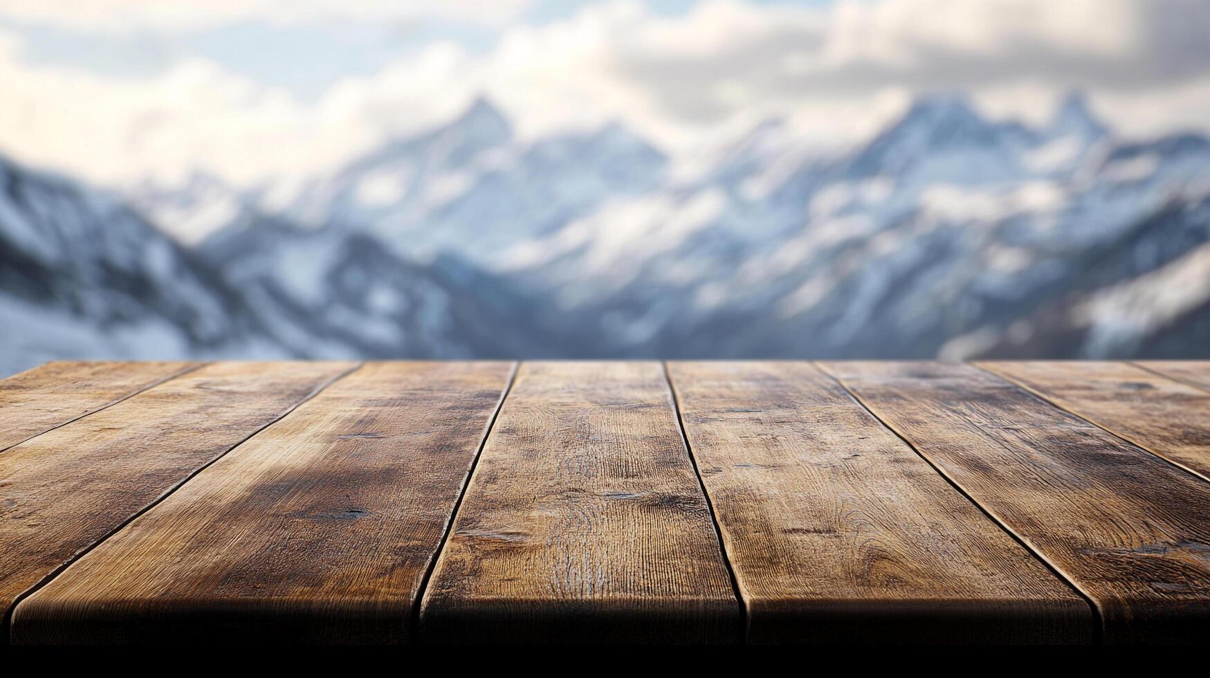 Rustic wooden table against a scenic mountain backdrop evokes a sense of serene nature and inviting warmth in a picturesque setting. photo