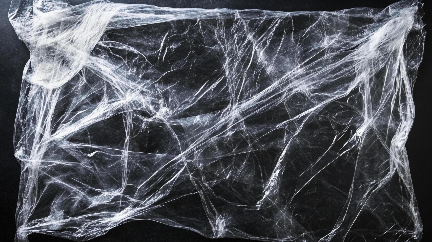 Translucent plastic sheet with crinkled texture, creating abstract patterns on a dark background, resembling a ghostly fabric. photo