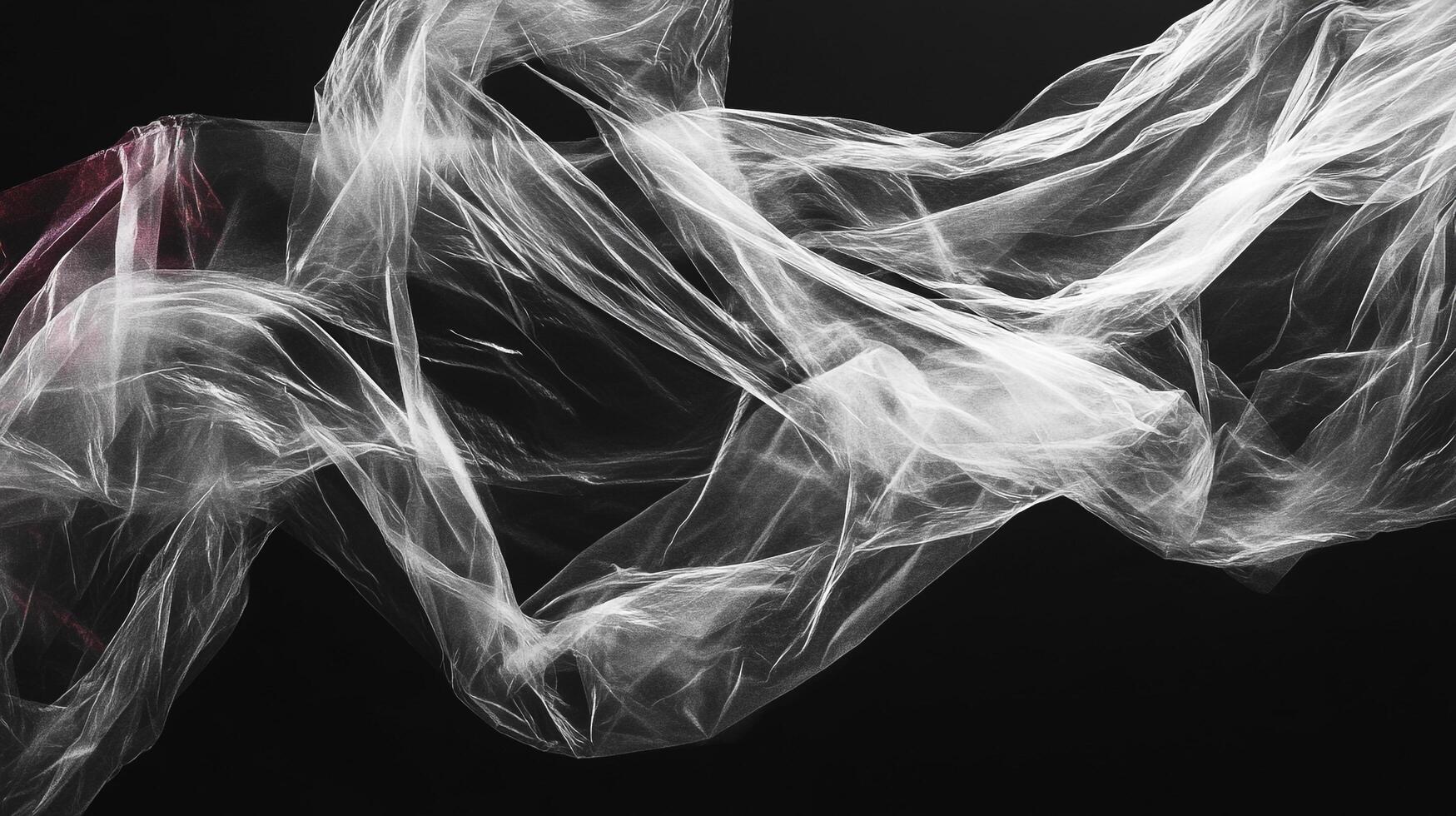 Translucent fabric flows across a dark backdrop, creating ethereal waves of light and shadow. The material appears weightless and delicate. photo