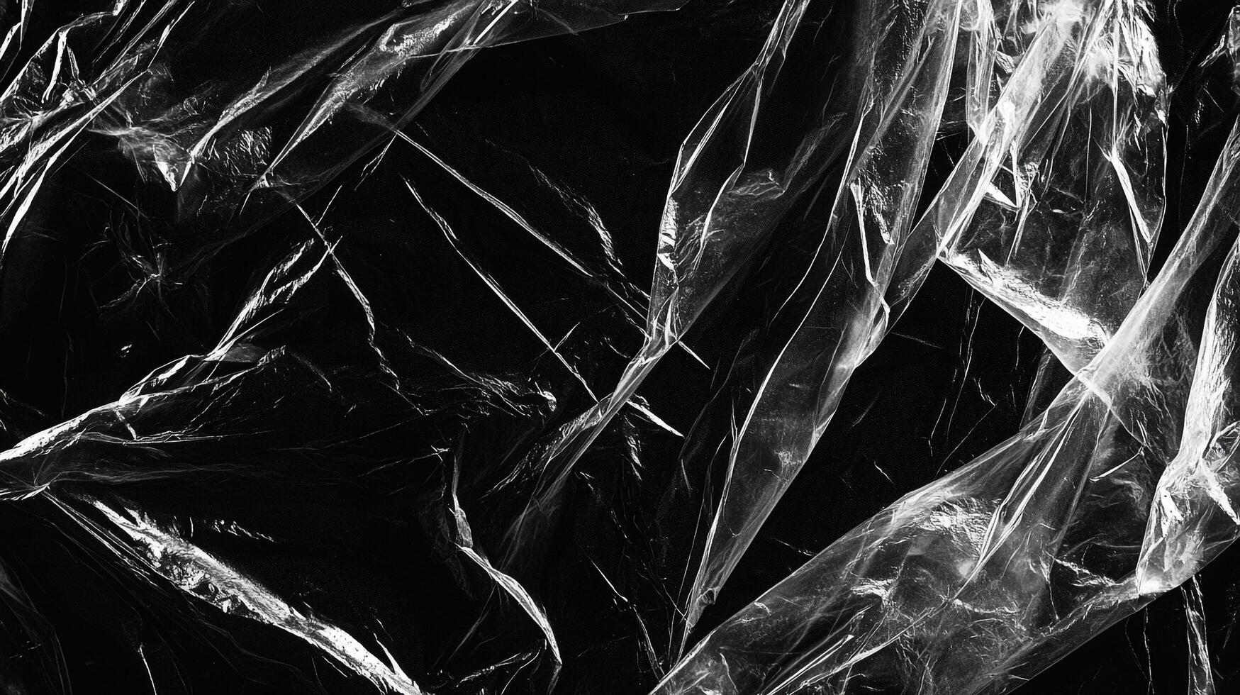 Monochrome abstract of clear crumpled material against a dark background, creating intricate folds and light reflections. photo