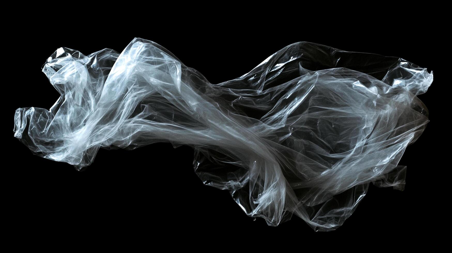 A crumpled piece of transparent plastic against a stark black background. The material appears light and airy with a ghostly quality. photo