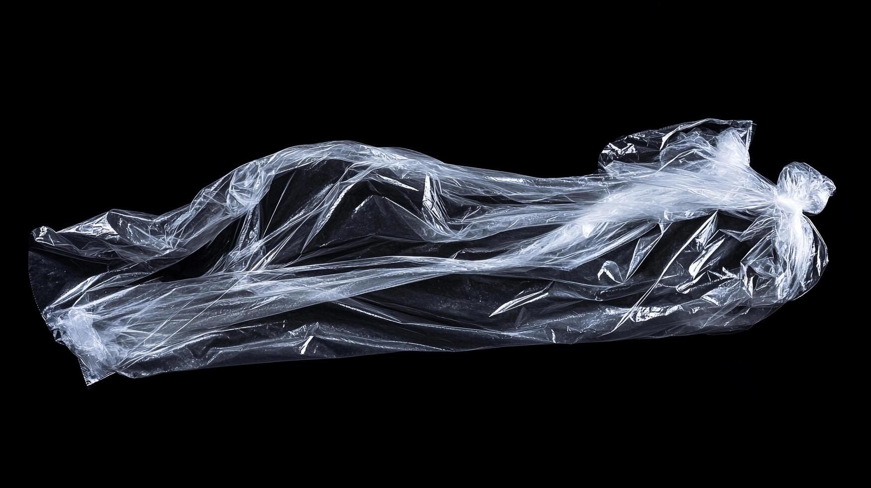Wrinkled clear plastic bag on a black background. Transparency and reflection add an artistic touch to everyday material. Abstract design. photo