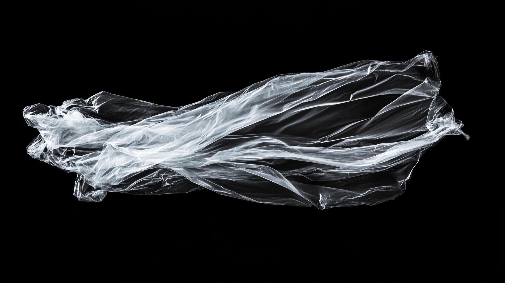 Translucent plastic sheet floats against a dark void, forming elegant curves in light and shadow. Emptiness surrounds delicate form. photo