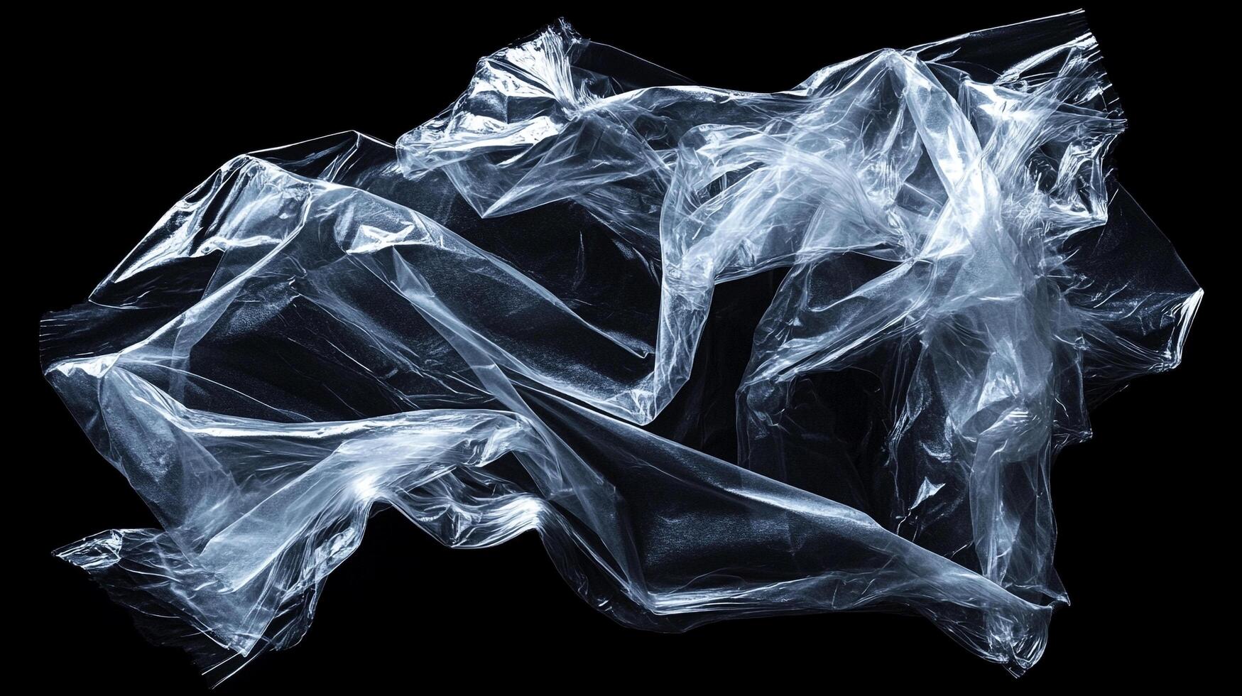 Transparent plastic sheet on black background exhibiting abstract forms and textures. A stark reminder of the plastic waste crisis. photo