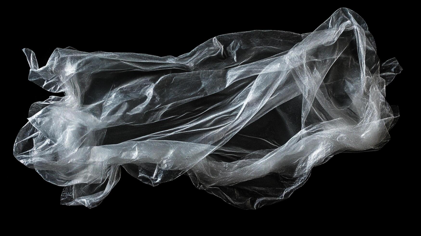 A translucent and crinkled material floats in darkness, like an ethereal veil, with its folds and shadows adding depth to the scene. photo