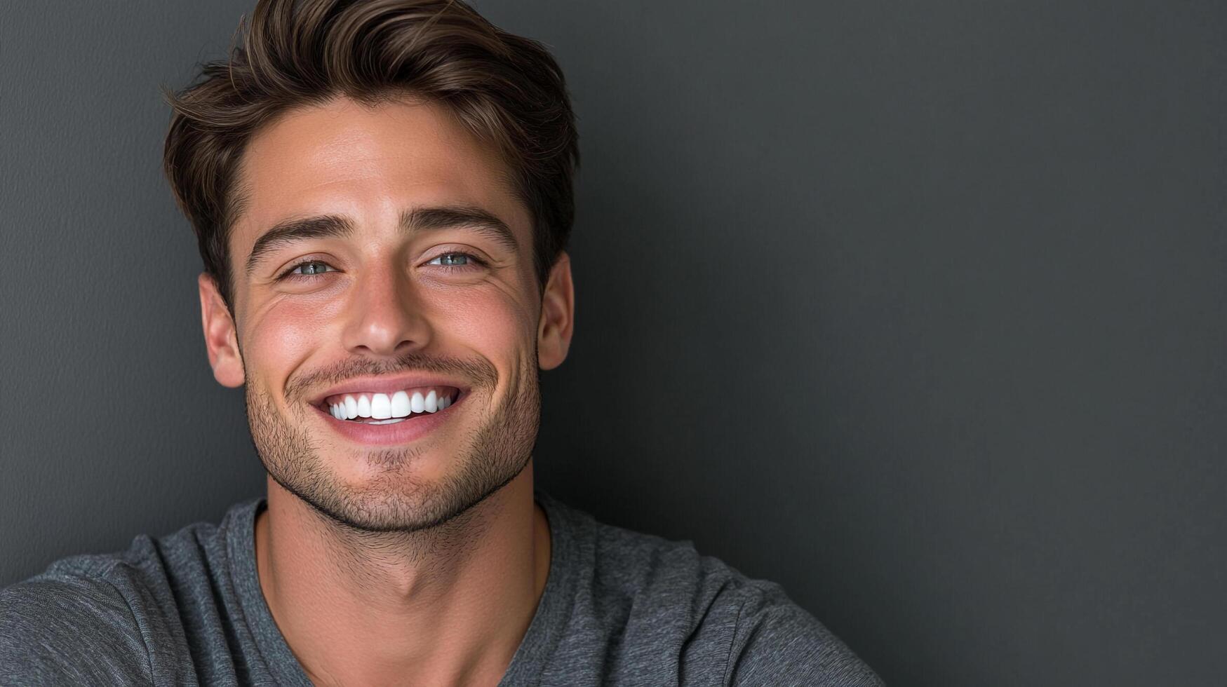 Smiling man against a gray background. Handsome model with bright white teeth and short brown hair posing for camera. Confident, friendly. photo