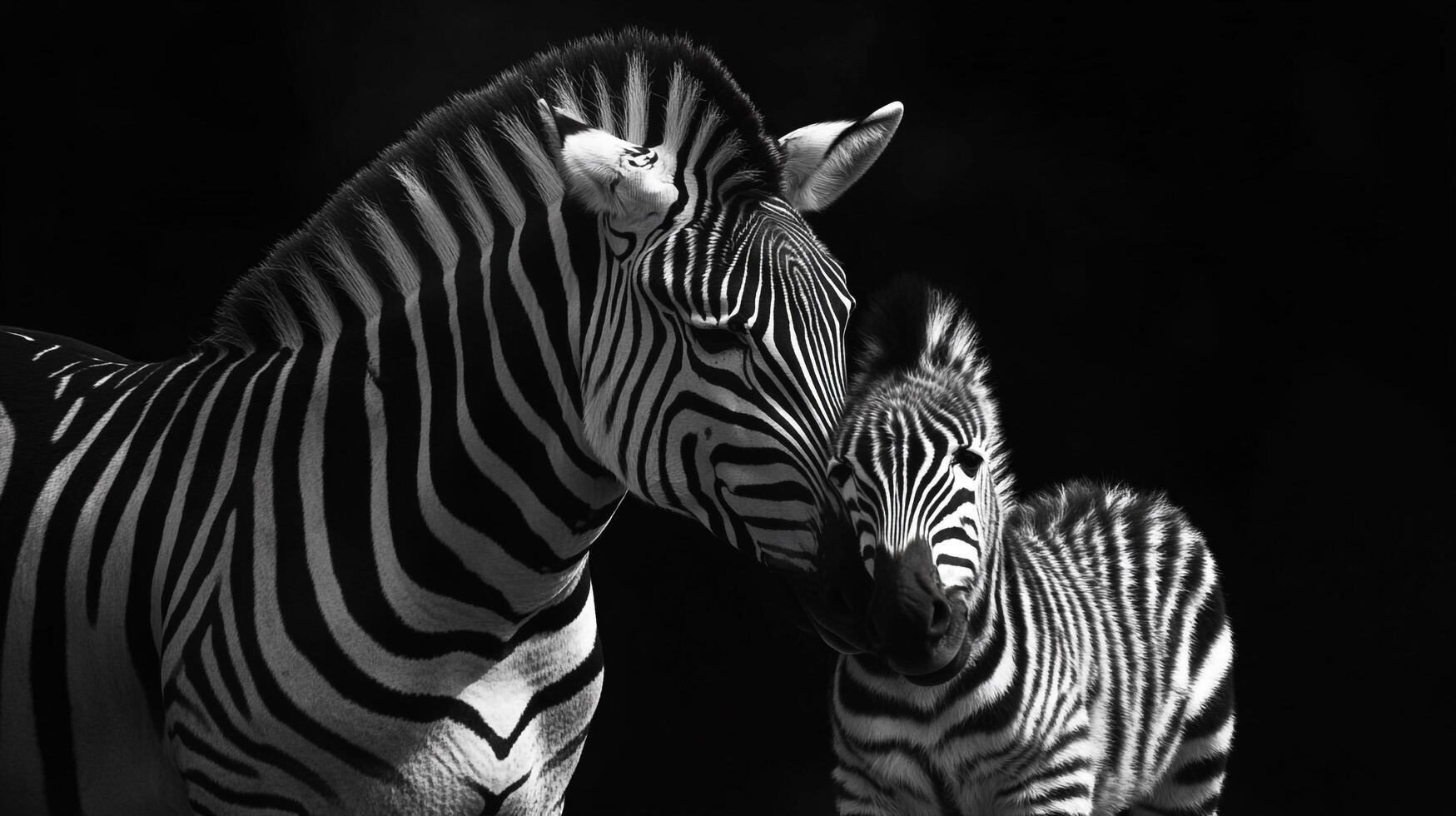 A striking monochrome portrait captures the tender bond between a zebra mother and her young foal, set against a stark black backdrop. photo