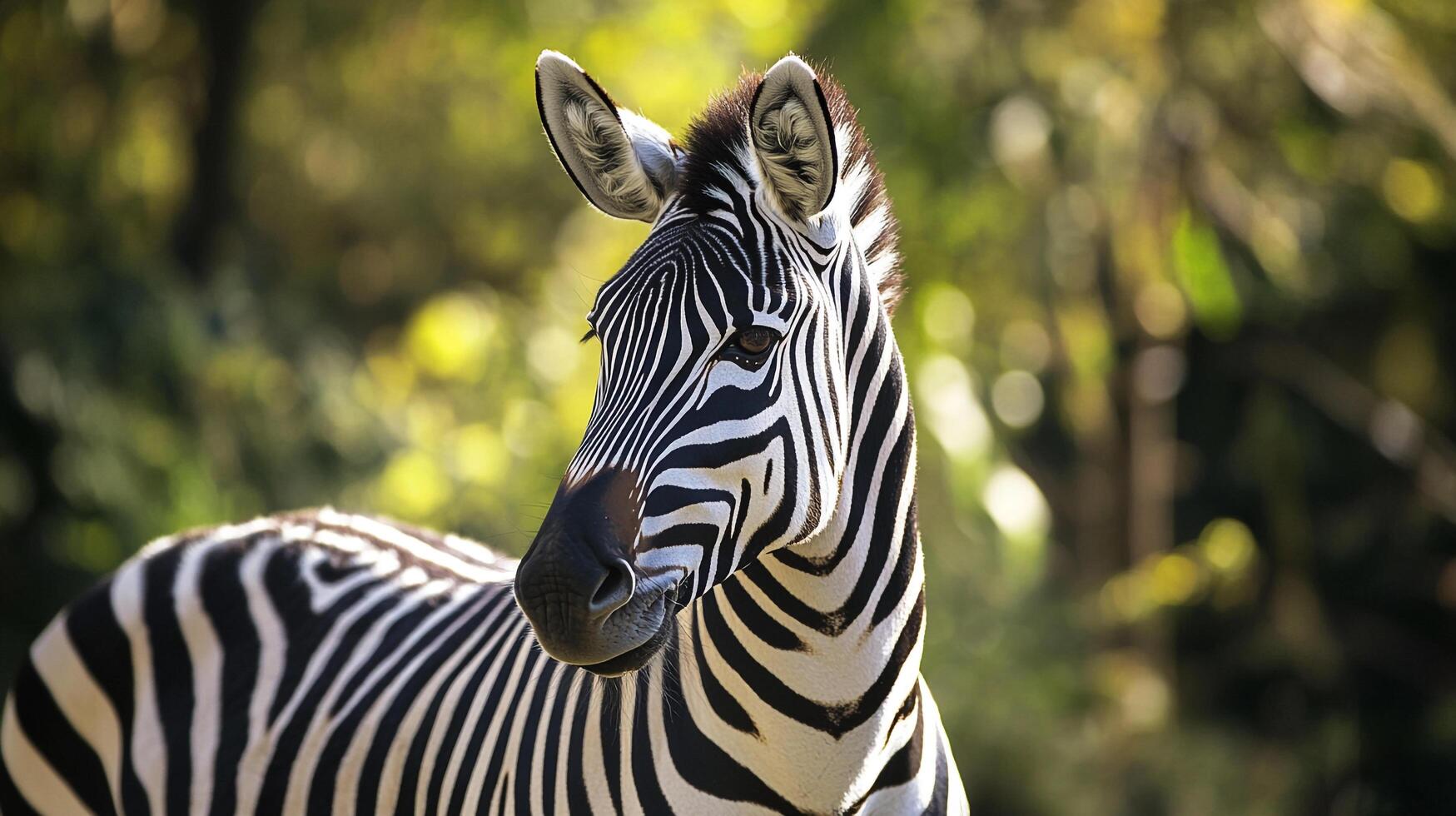 Striking zebra portrait featuring its distinctive black and white stripes against a backdrop of blurred greenery, showcasing natural beauty. photo