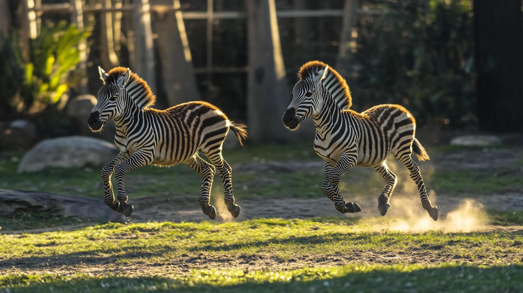Two young zebras playfully gallop across a grassy field, kicking up dust in a burst of energy, their stripes blurring with motion. photo