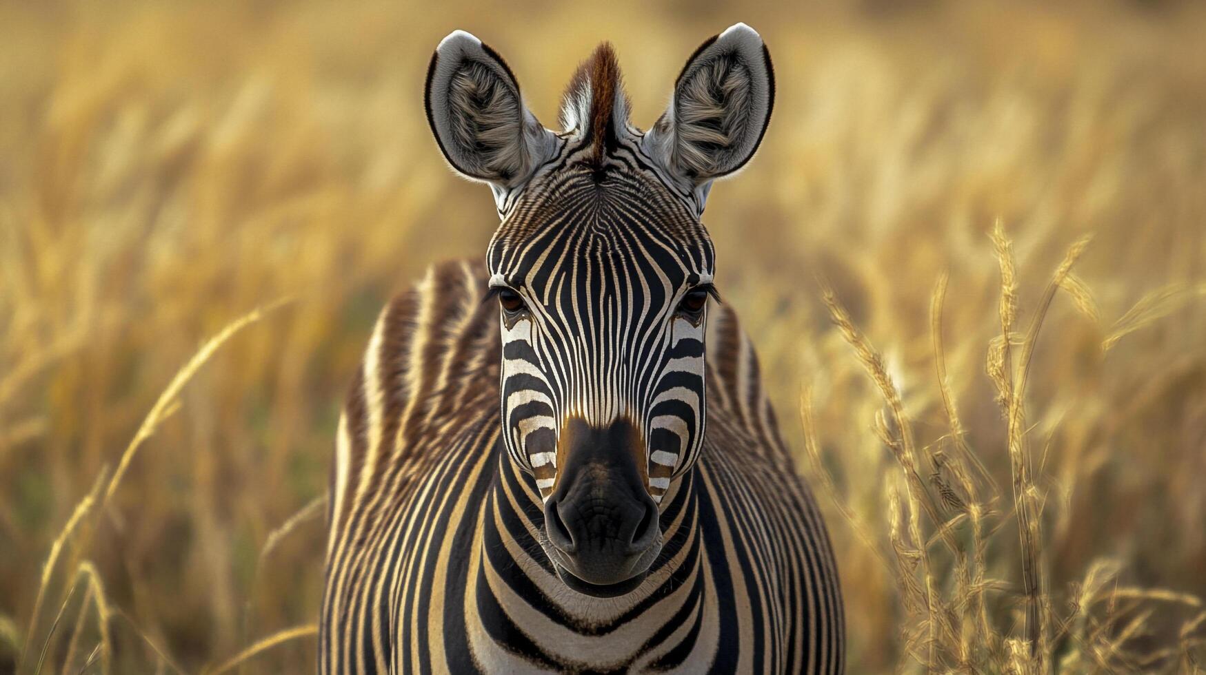 Portrait of a zebra in a golden field, showcasing its unique black and white stripes, facing forward with a curious expression. photo