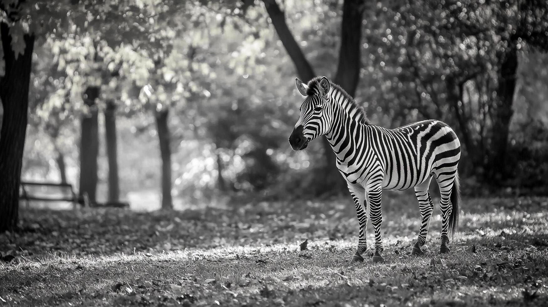 A zebra stands in a dappled, monochrome landscape, its stripes standing out against the soft background of trees and fallen leaves. photo