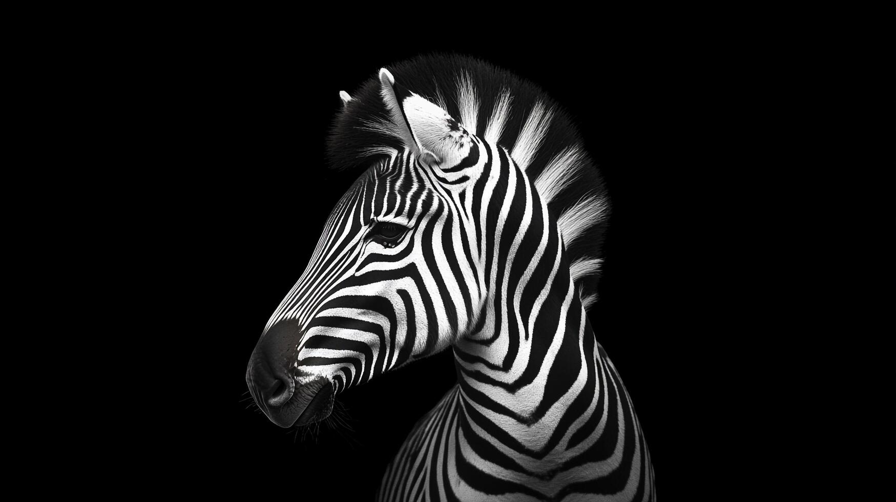 Striking zebra portrait against a stark black backdrop highlights the animal's unique and beautiful black and white striped pattern. photo