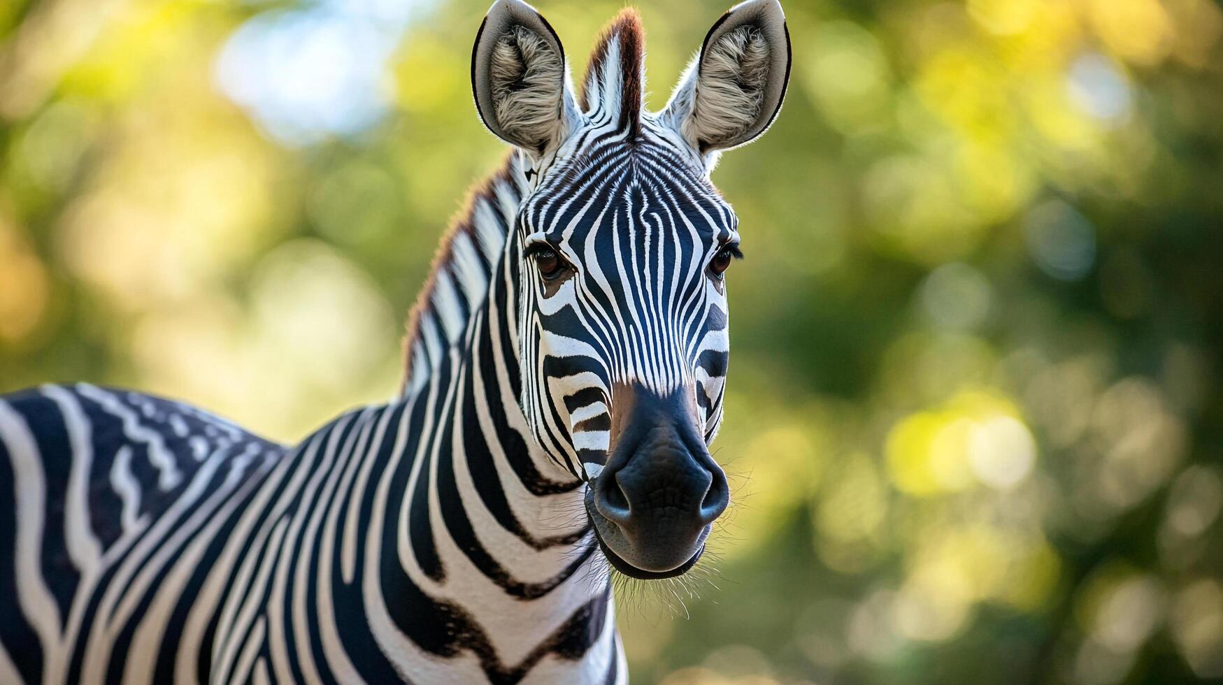 Striking zebra portrait, showcasing its distinct black and white stripes against a soft, out-of-focus green and yellow foliage background. photo