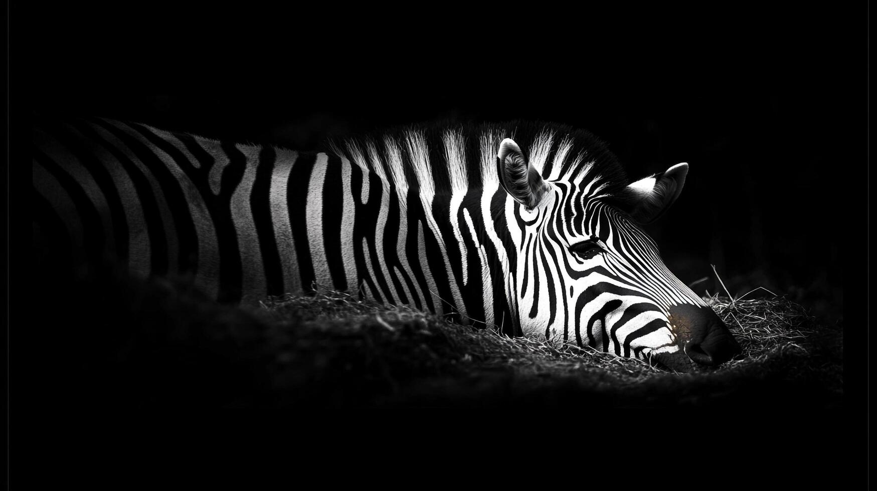 Striking monochrome portrait of a zebra, its unique stripes creating a visually arresting contrast against the dark background. photo