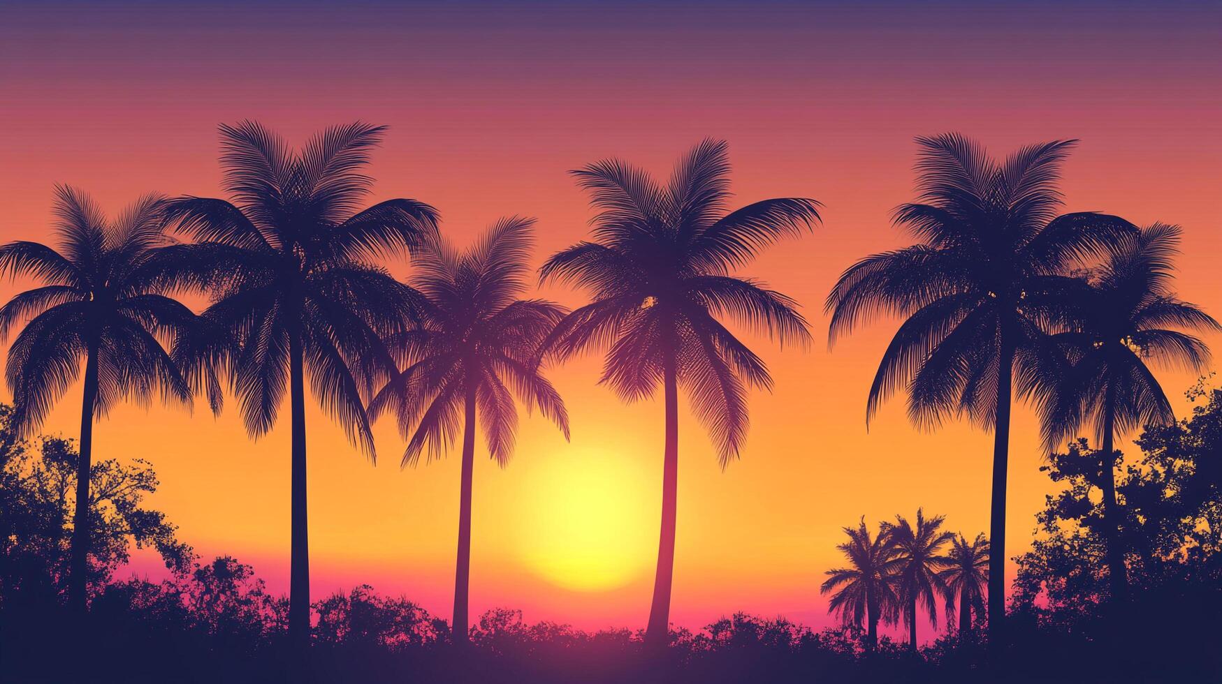 Tropical paradise sunset, palm trees silhouetted against vibrant orange, pink, and purple skies, radiating warmth and tranquility. photo