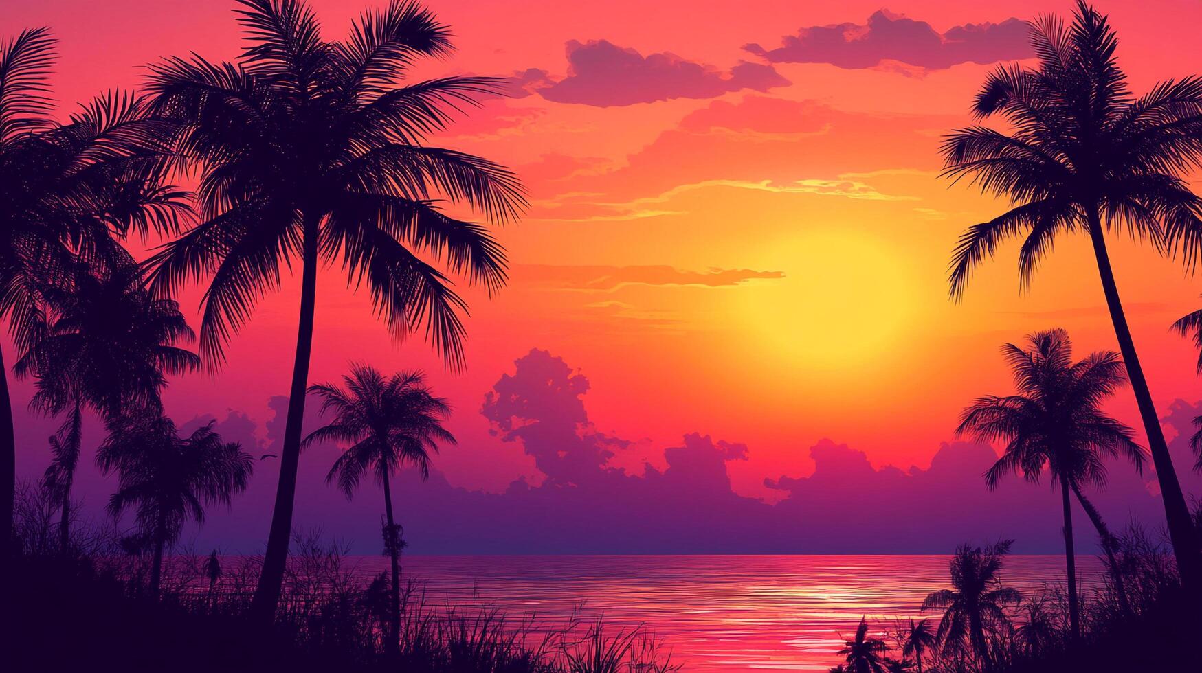 Tropical sunset silhouette of palm trees against a vibrant, colorful sky and ocean, evoking serenity and the beauty of nature. photo