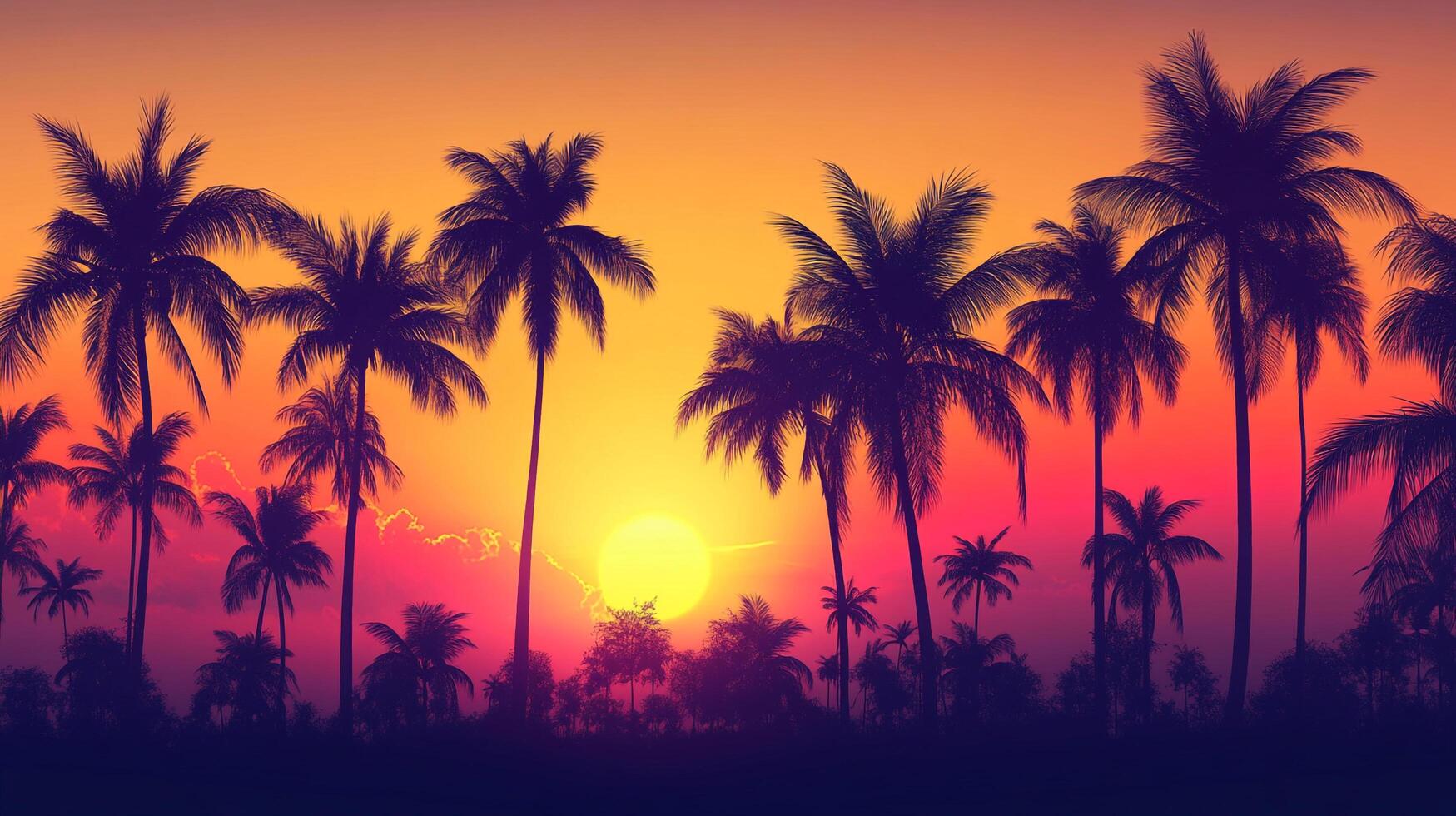 Tropical sunset with silhouetted palm trees against a vibrant gradient sky, evoking relaxation, vacation vibes, and the allure of a paradise. photo