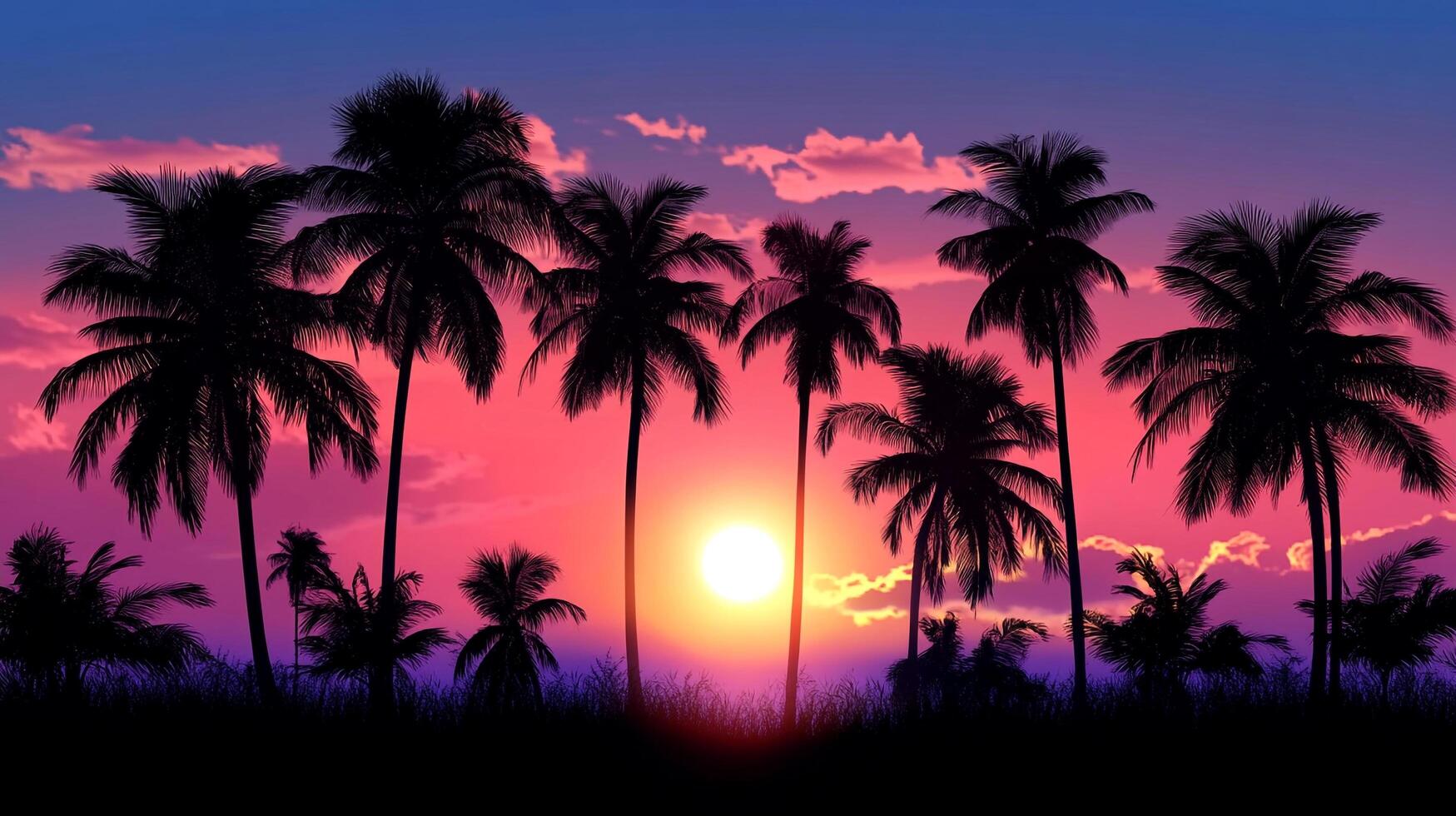 Tropical sunset scene with silhouetted palm trees against a vibrant pink and purple sky. Coastal paradise at twilight. photo