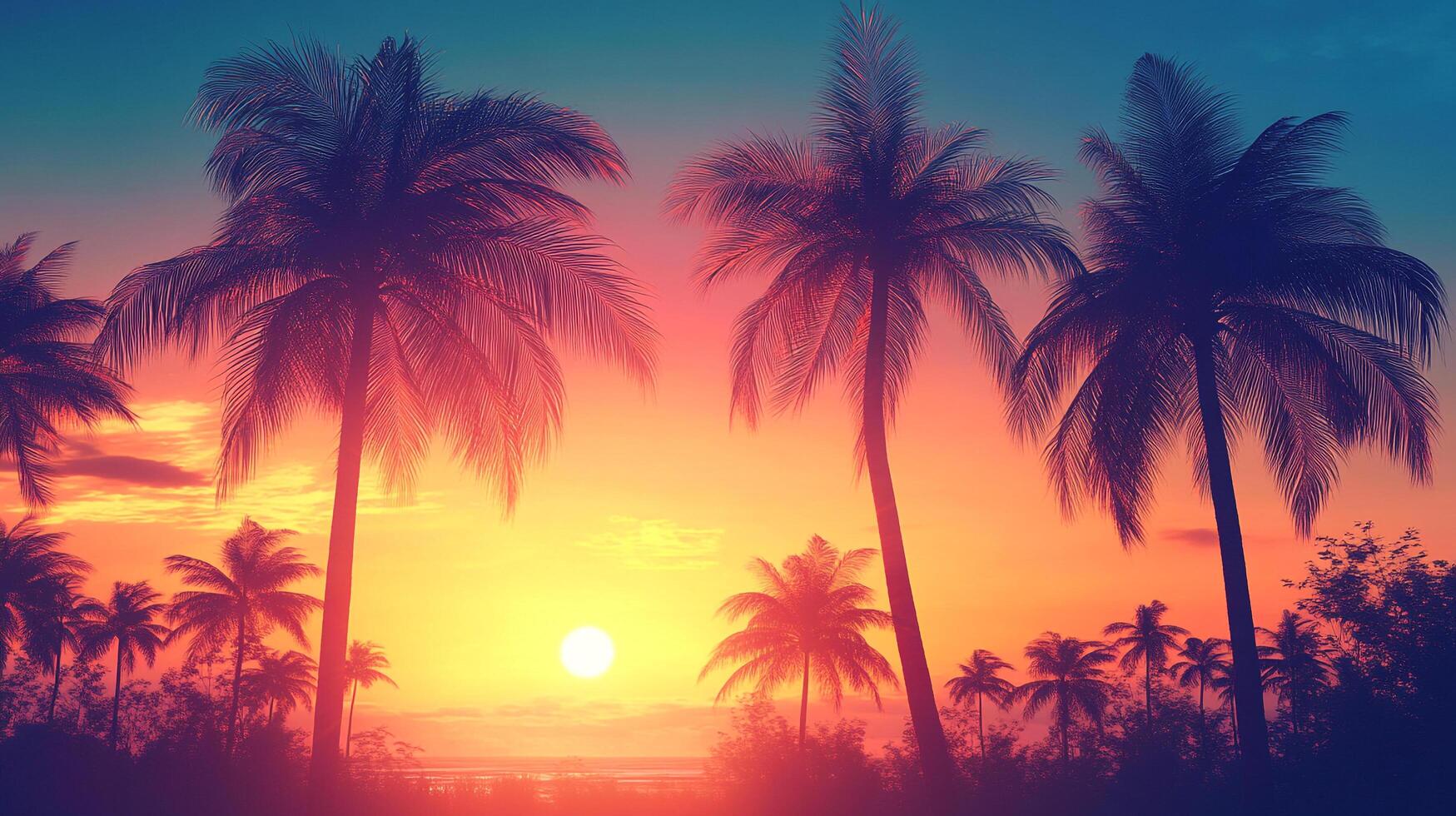 Tropical silhouettes of palm trees against a vibrant sunset sky over the ocean create a serene and idyllic scene. photo